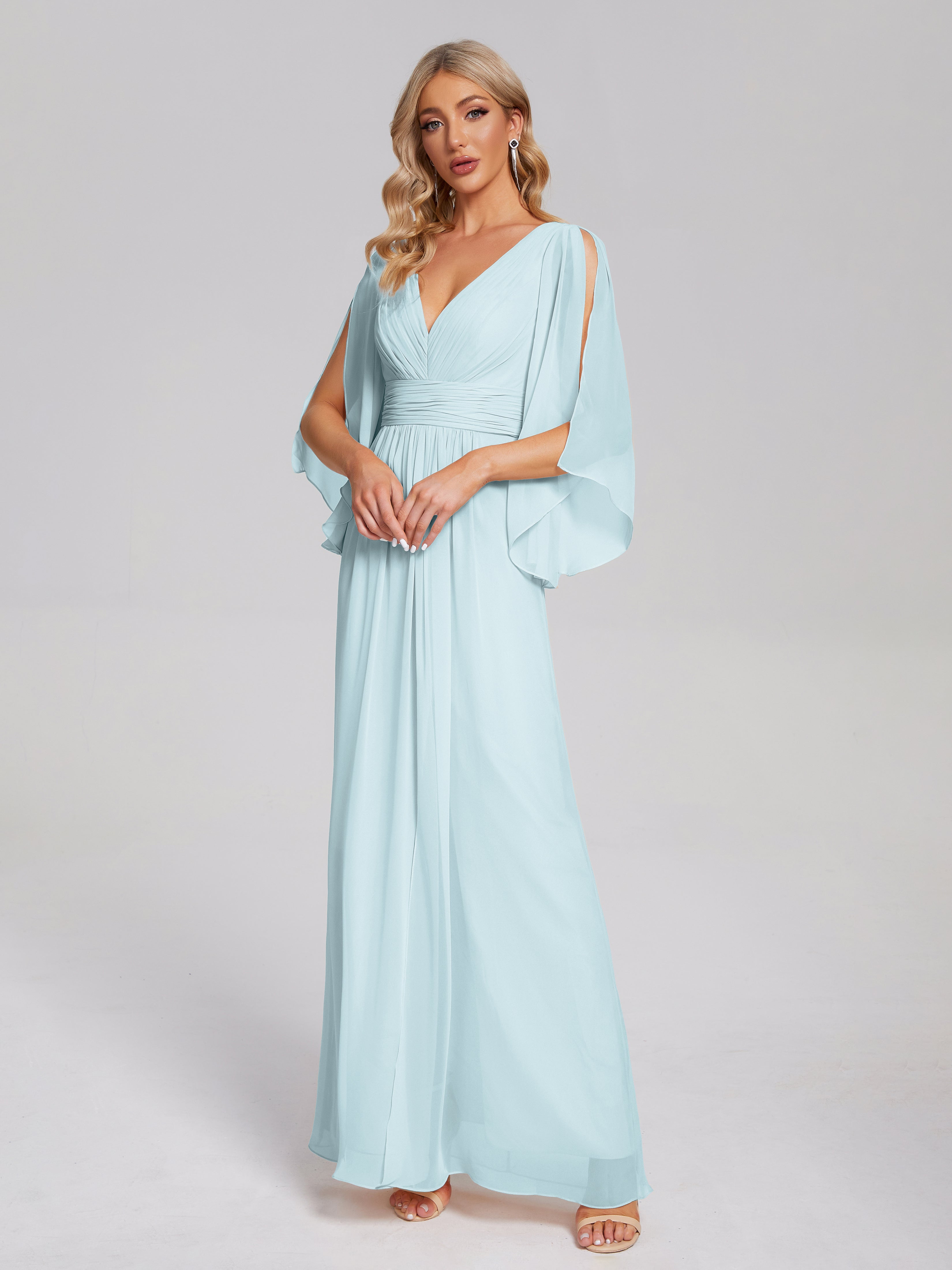 Robe De Demoiselle D'Honneur Brume Demi Manches Col V Fendue Mousseline Robes Demoiselle D'Honneur
