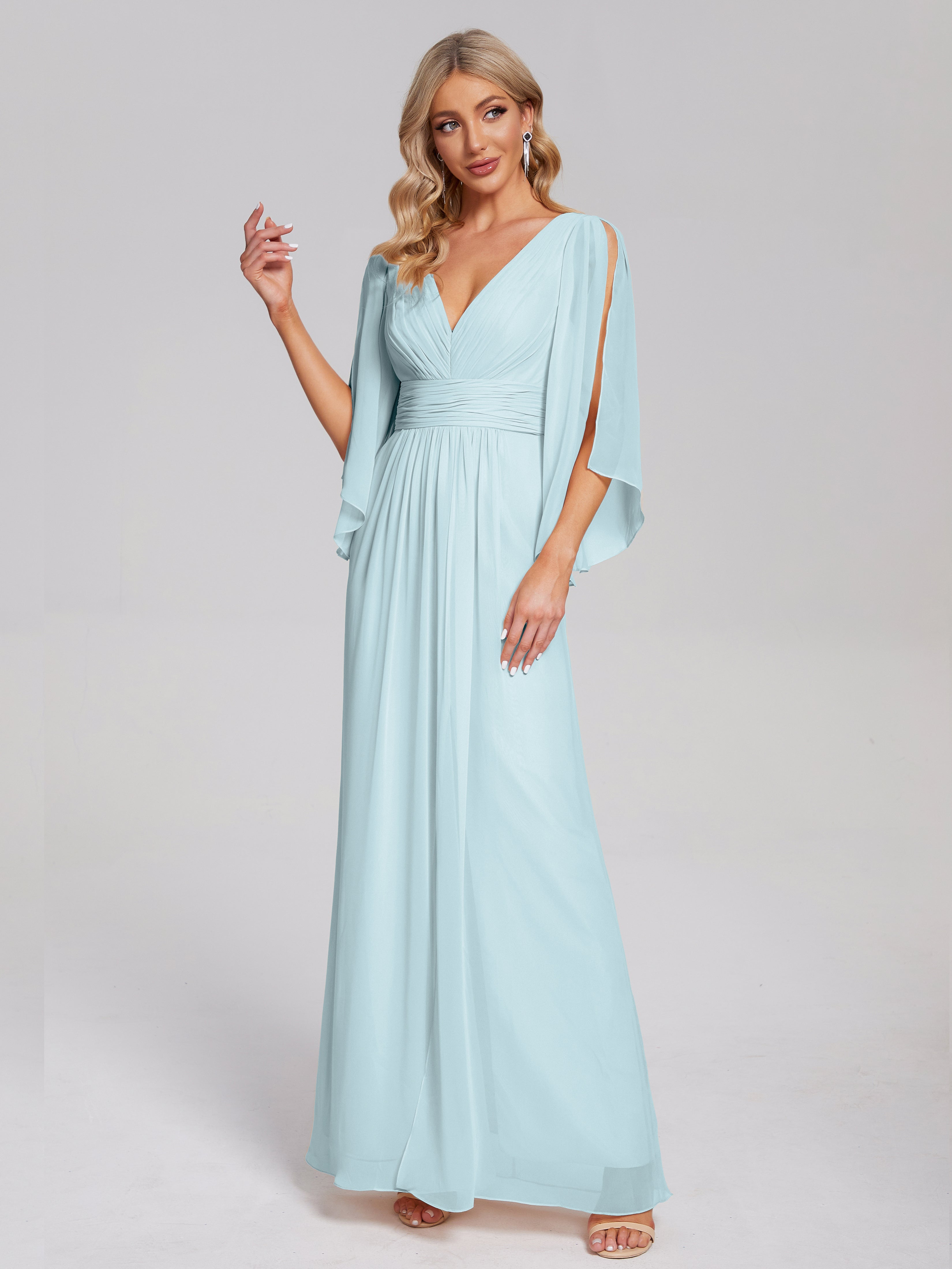 Robe De Demoiselle D'Honneur Brume Demi Manches Col V Fendue Mousseline Robes Demoiselle D'Honneur