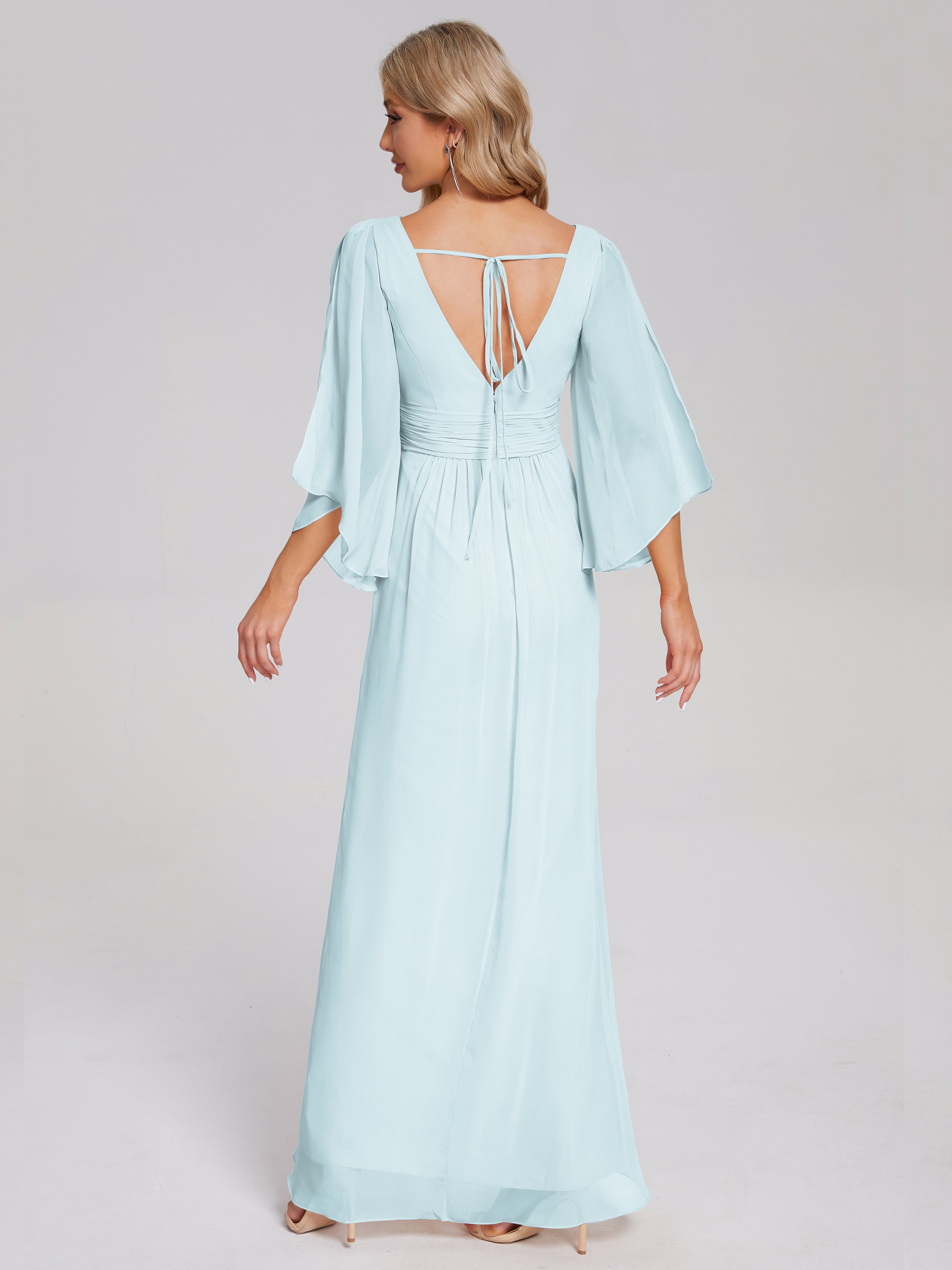 Robe De Demoiselle D'Honneur Brume Demi Manches Col V Fendue Mousseline Robes Demoiselle D'Honneur