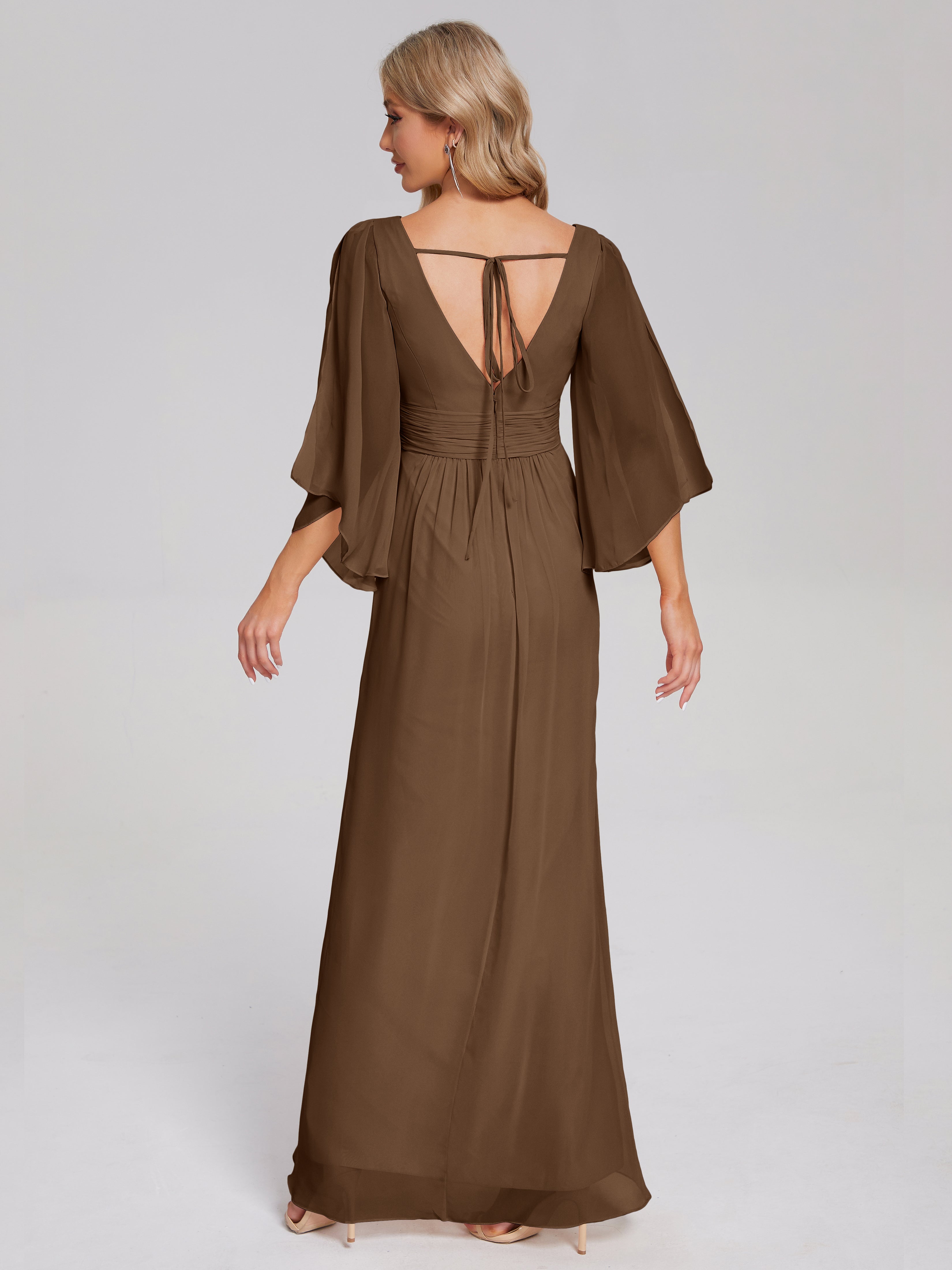 Robes De Demoiselle D'Honneur Brun Demi Manches Col V Fendue Mousseline Robes Demoiselle D'Honneur