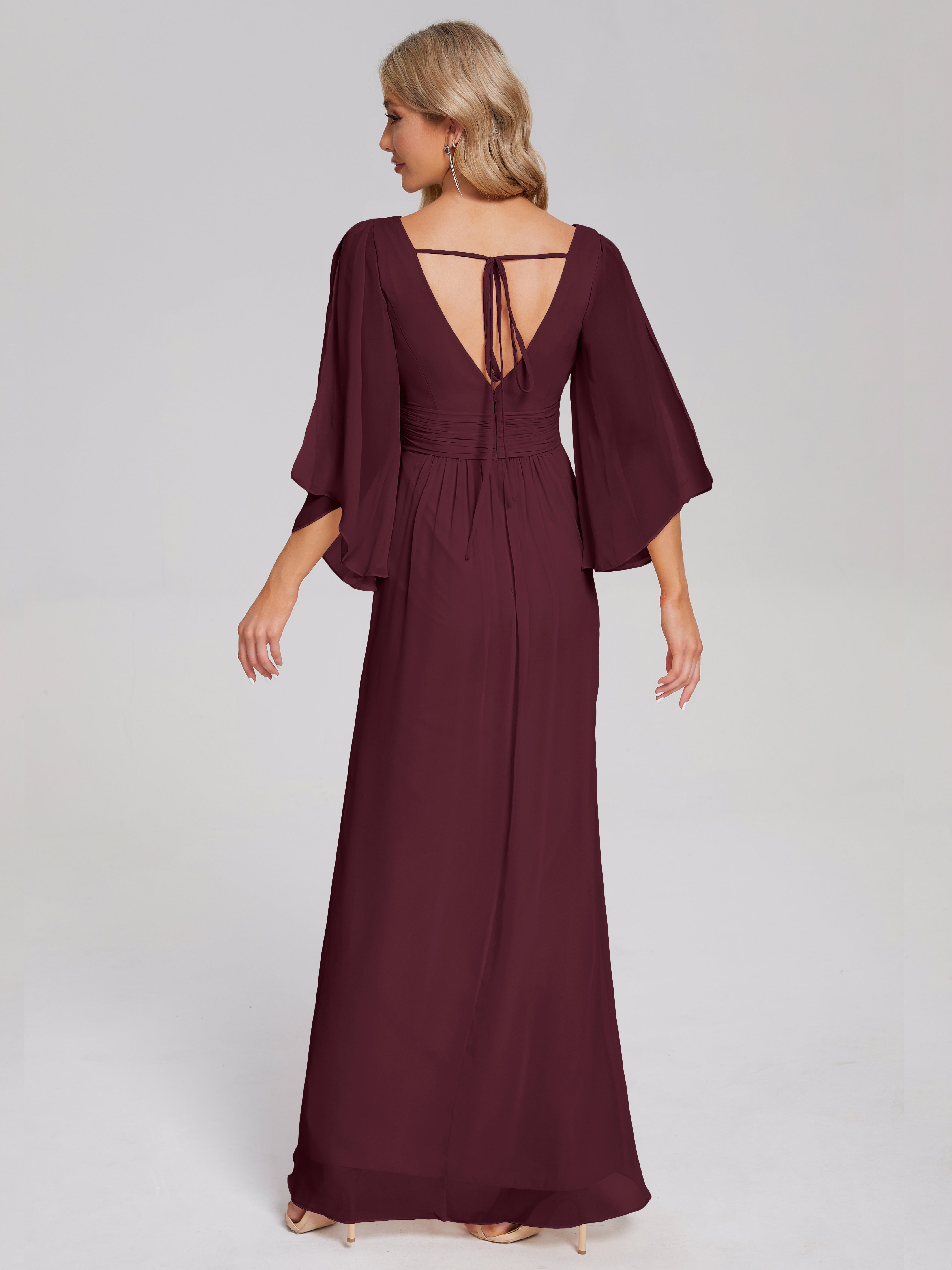 Robes De Demoiselle D'Honneur Cabernet Demi Manches Col V Fendue Mousseline Robes Demoiselle D'Honneur