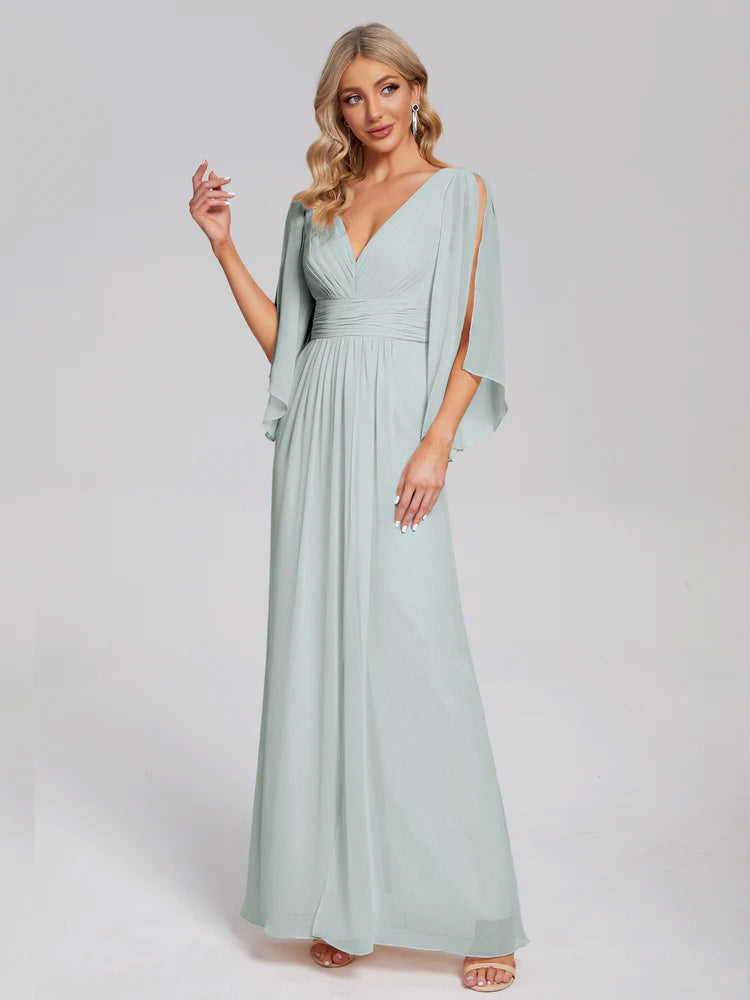 Robes De Demoiselle D'Honneur Celadon Demi Manches Col V Fendue Mousseline Robes Demoiselle D'Honneur