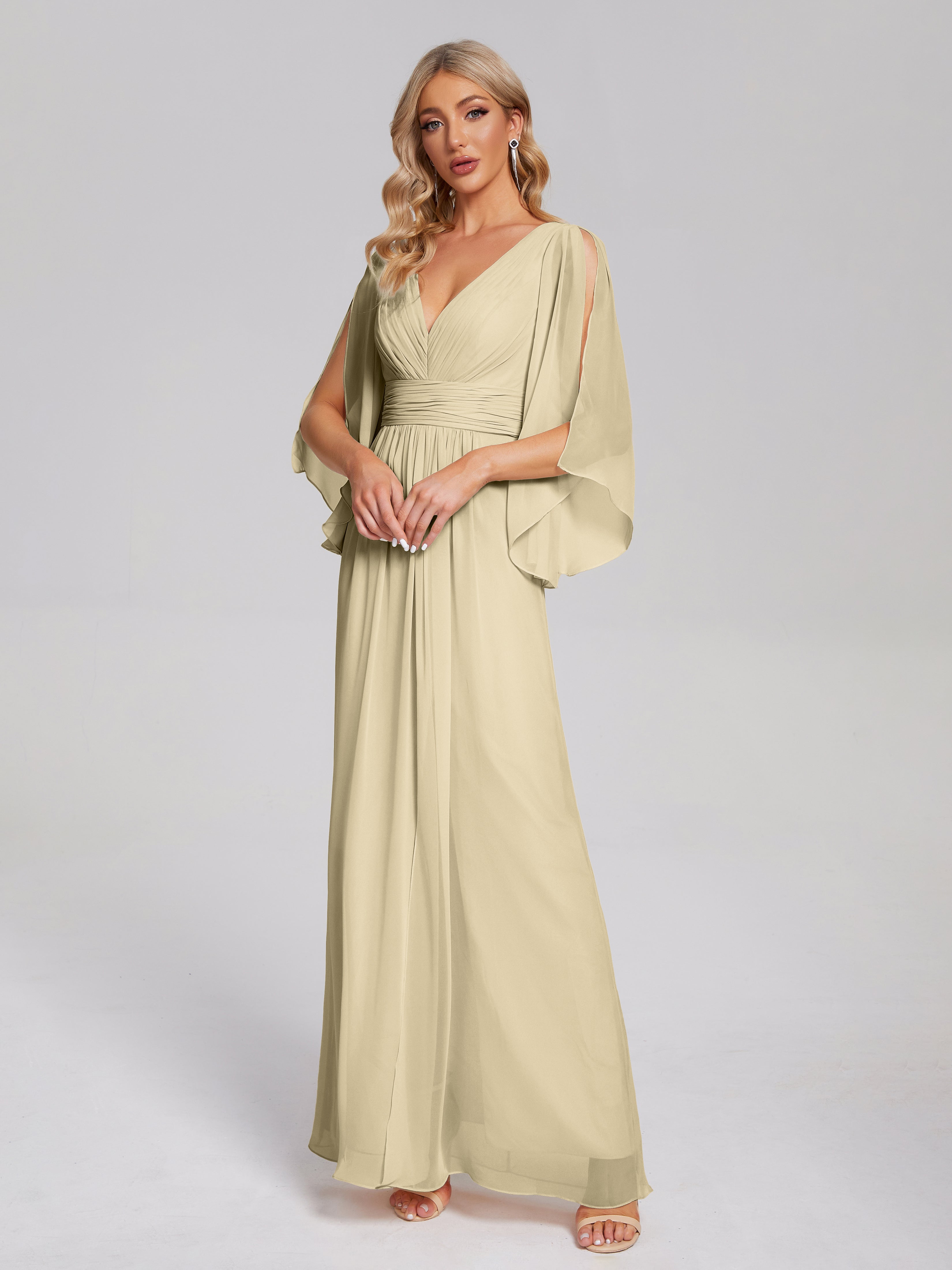 Robe De Demoiselle D Honneur Couleur Champagne Demi Manches Col V Fendue Mousseline Robes Demoiselle D'Honneur