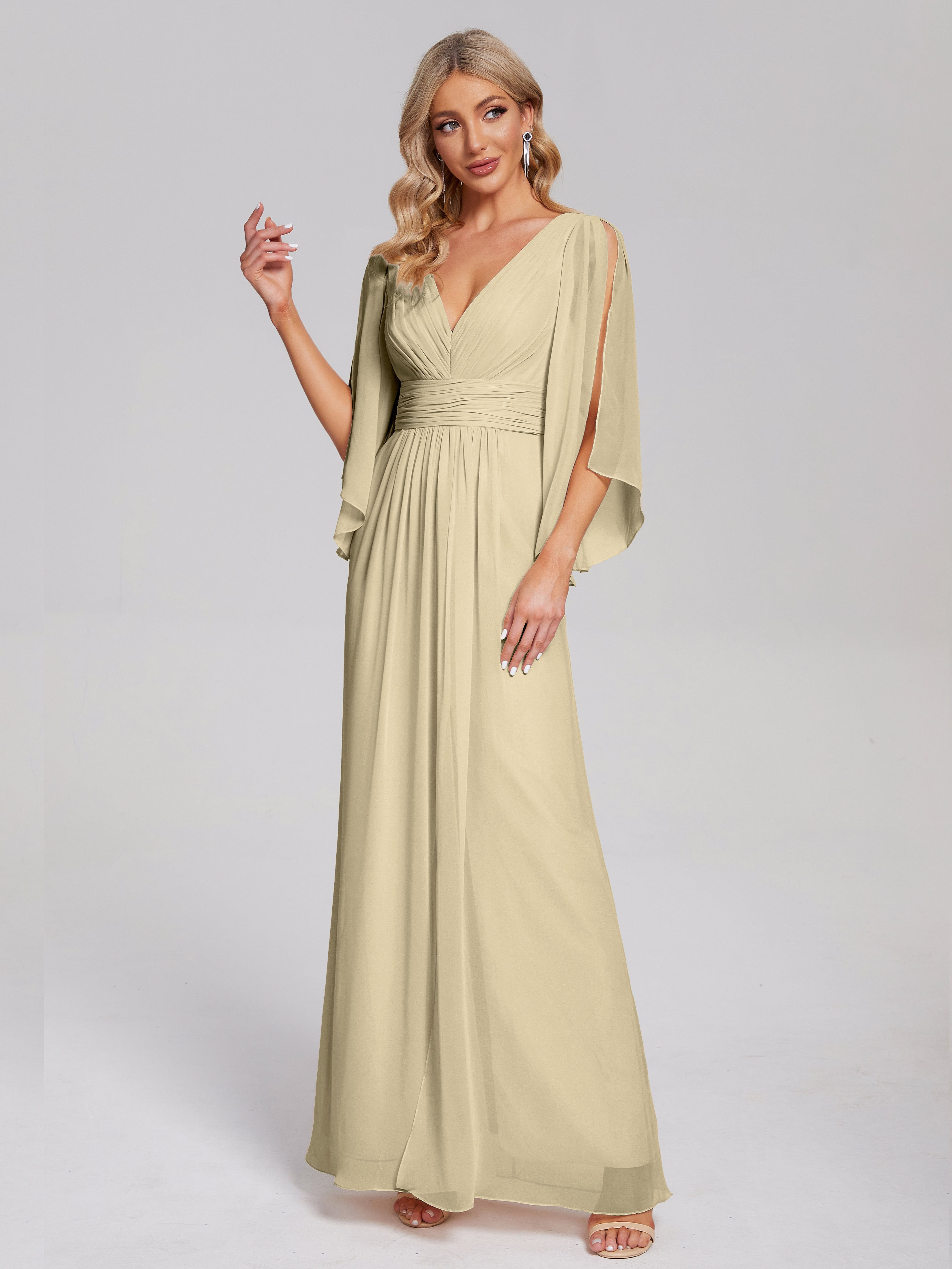 Robe De Demoiselle D Honneur Couleur Champagne Demi Manches Col V Fendue Mousseline Robes Demoiselle D'Honneur