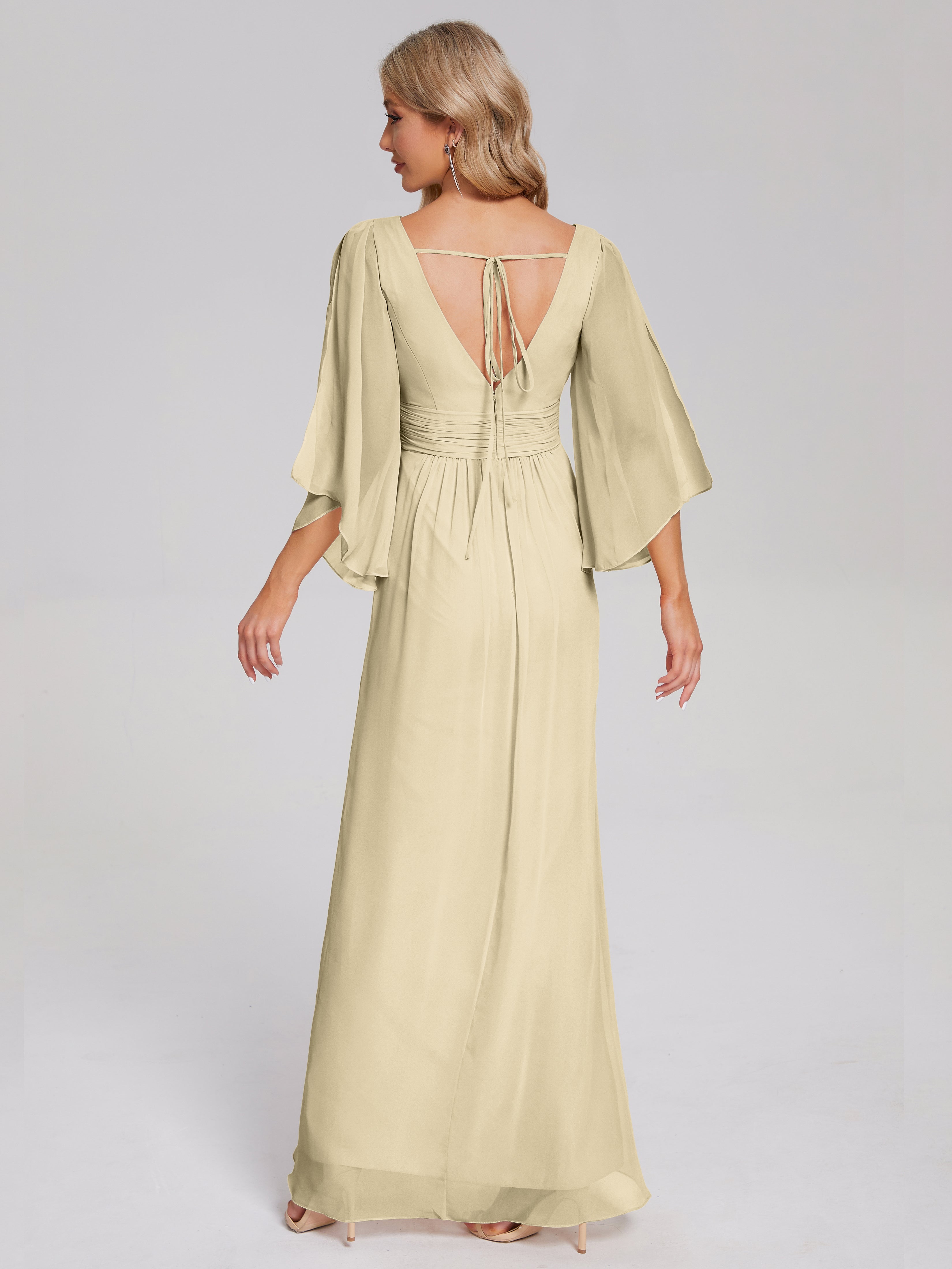 Robe De Demoiselle D Honneur Couleur Champagne Demi Manches Col V Fendue Mousseline Robes Demoiselle D'Honneur