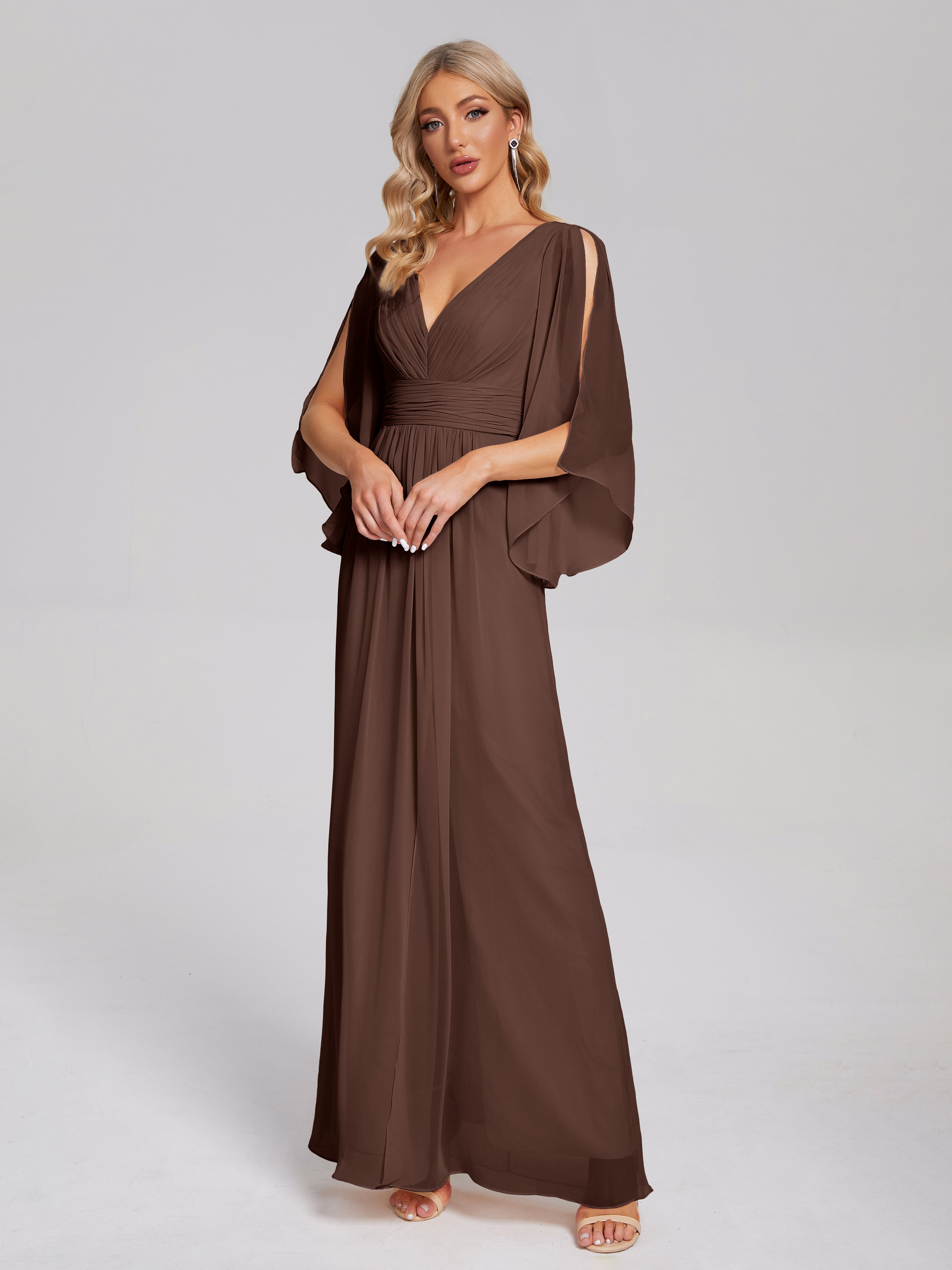 Robes De Demoiselle D'Honneur En Chocolat Demi Manches Col V Fendue Mousseline Robes Demoiselle D'Honneur