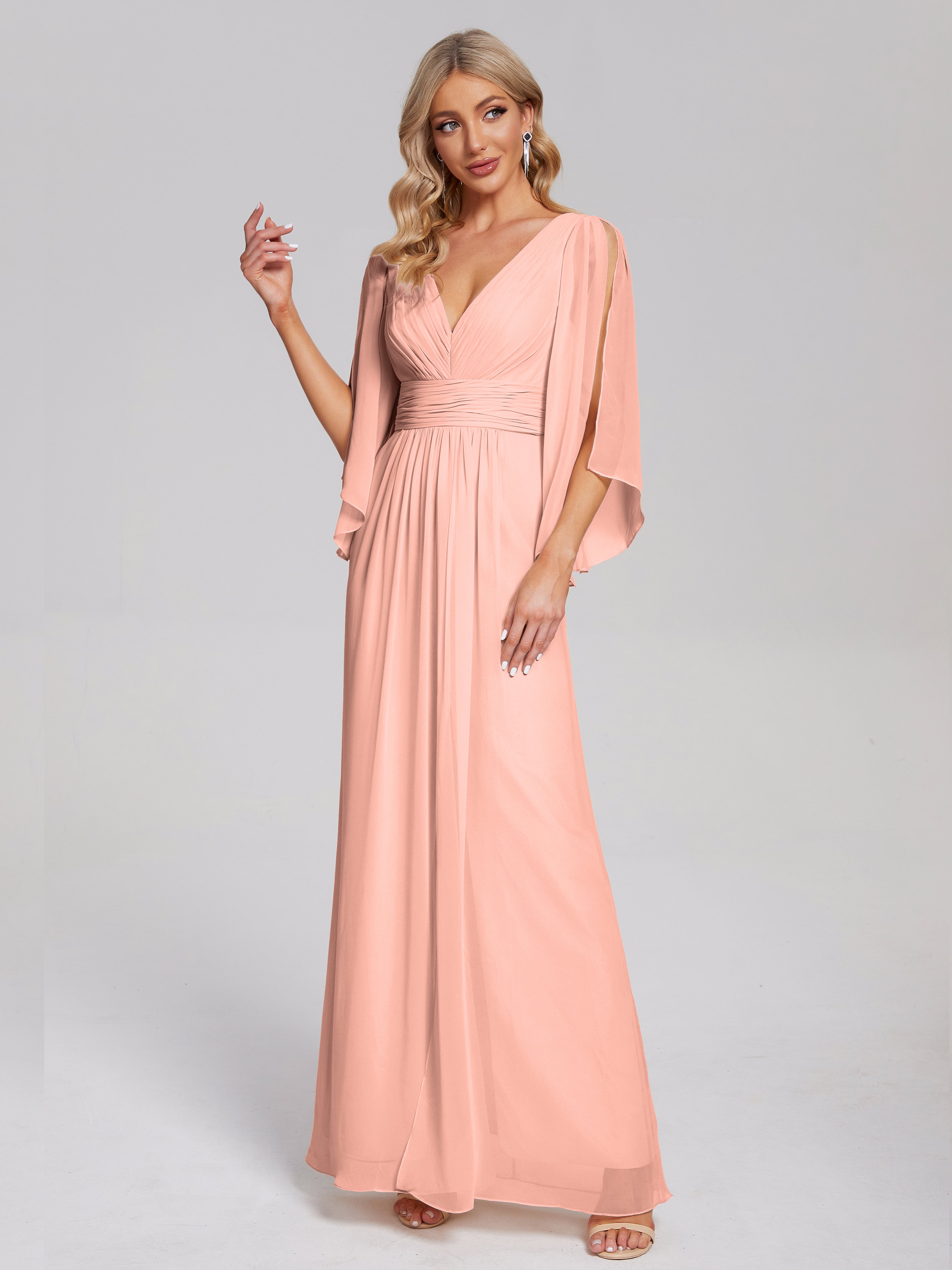 Robe De Demoiselle D Honneur Couleur Corail Demi Manches Col V Fendue Mousseline Robes Demoiselle D'Honneur