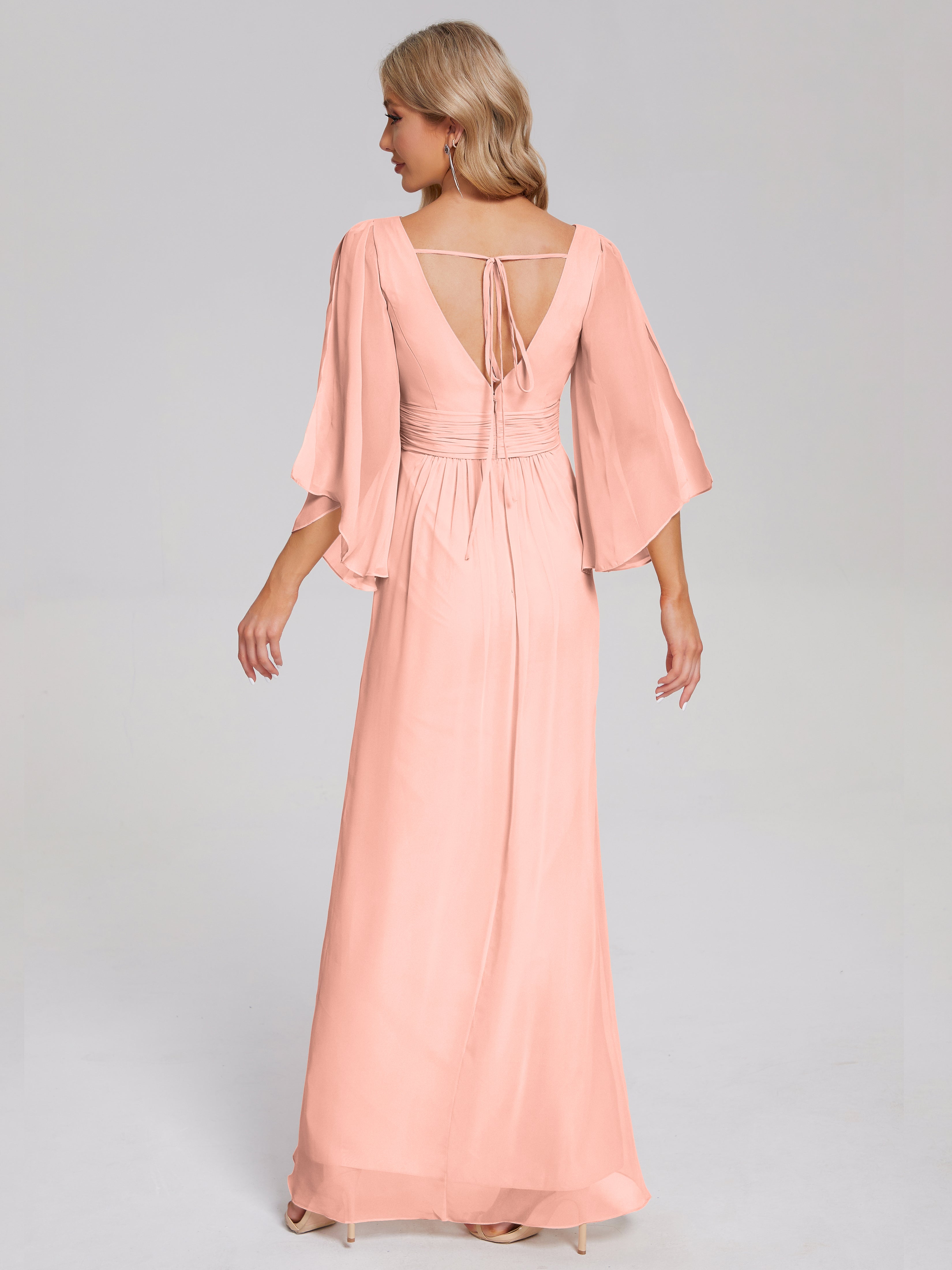 Robe De Demoiselle D Honneur Couleur Corail Demi Manches Col V Fendue Mousseline Robes Demoiselle D'Honneur