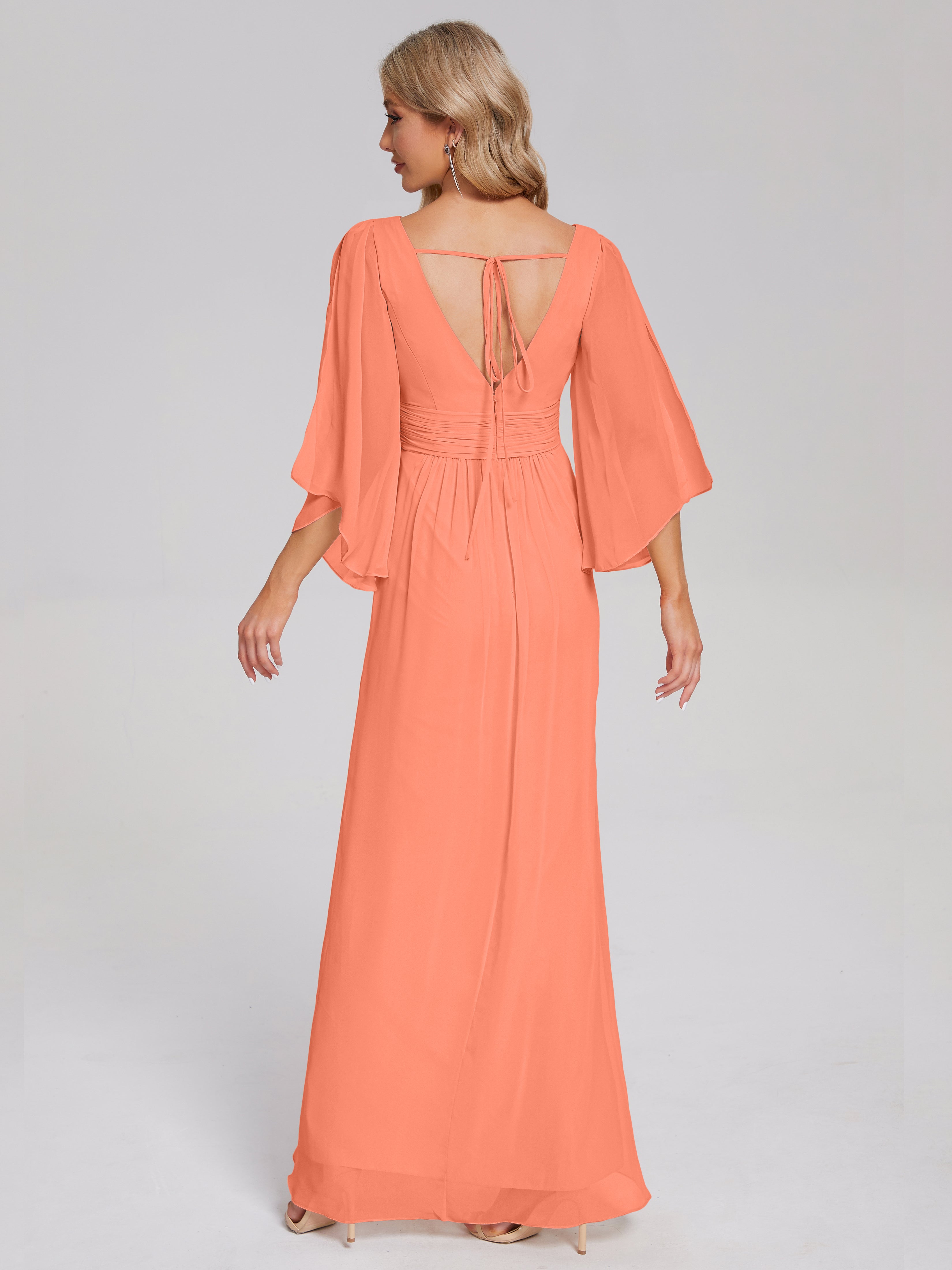 Robes De Demoiselle D'Honneur Coucher De Soleil Demi Manches Col V Fendue Mousseline Robes Demoiselle D'Honneur