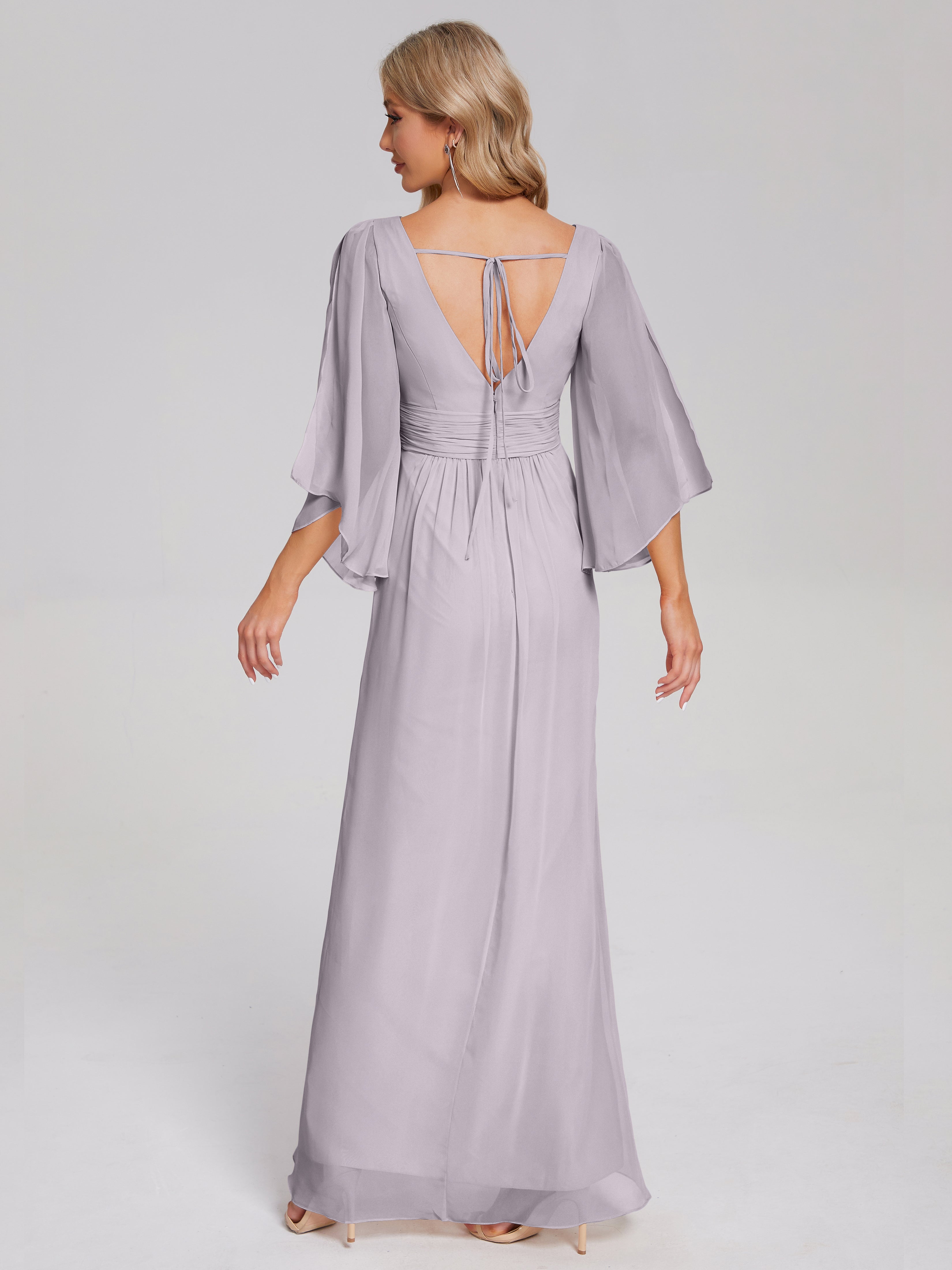 Robes De Demoiselle D'Honneur Crépuscule Demi Manches Col V Fendue Mousseline Robes Demoiselle D'Honneur