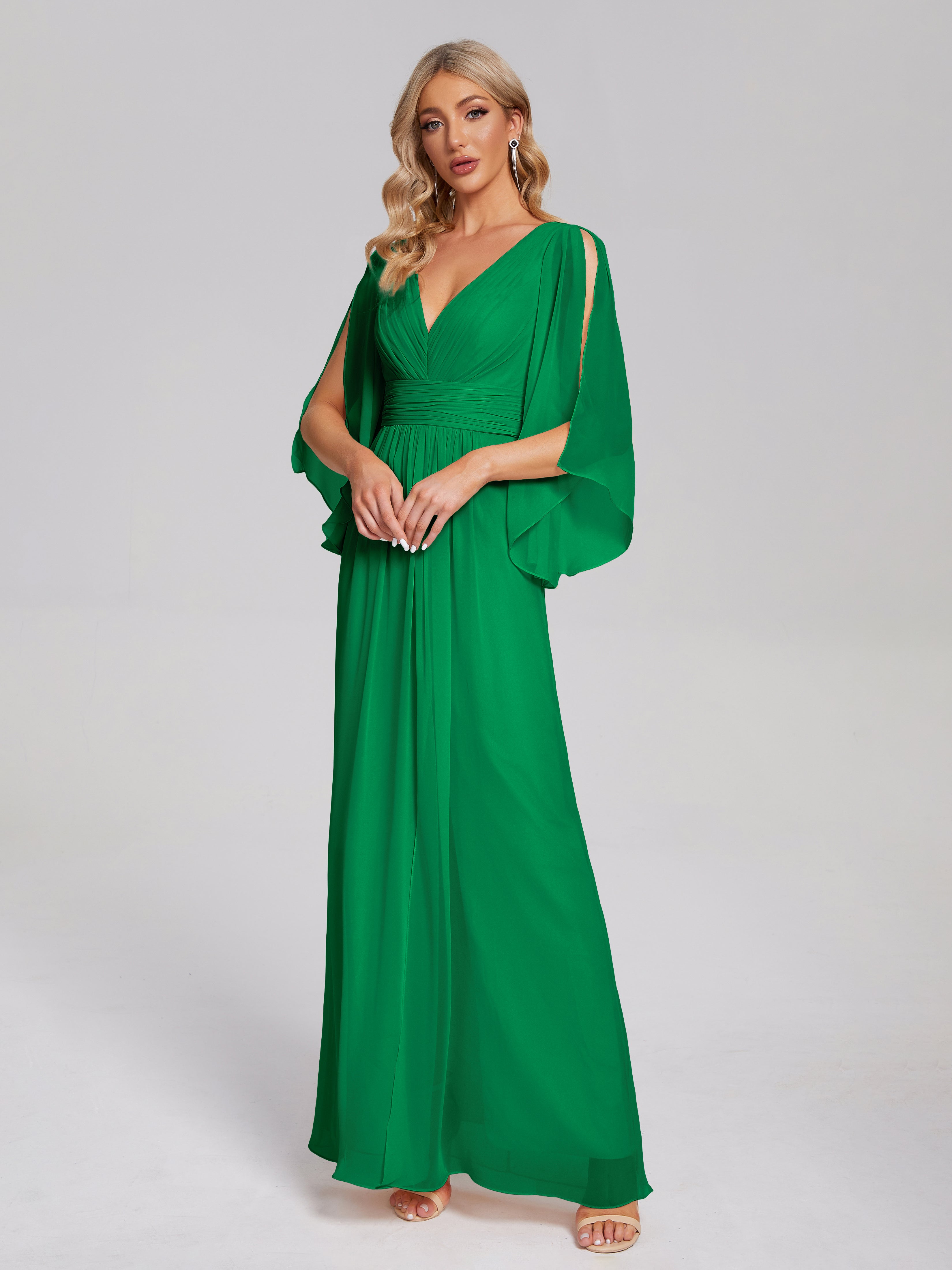 Robe Demoiselle D Honneur Vert Émeraude Demi Manches Col V Fendue Mousseline Robes Demoiselle D'Honneur
