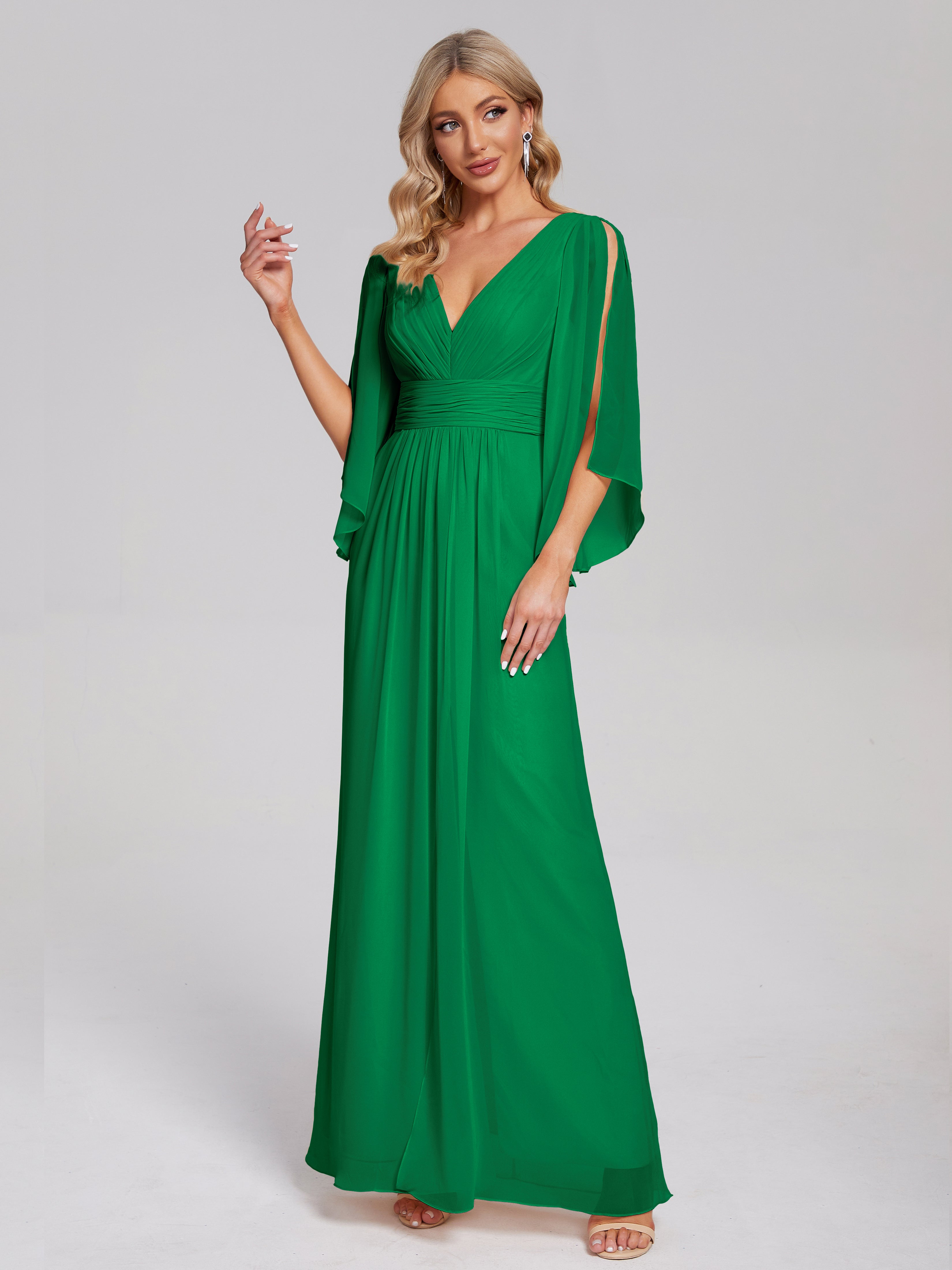 Robe Demoiselle D Honneur Vert Émeraude Demi Manches Col V Fendue Mousseline Robes Demoiselle D'Honneur