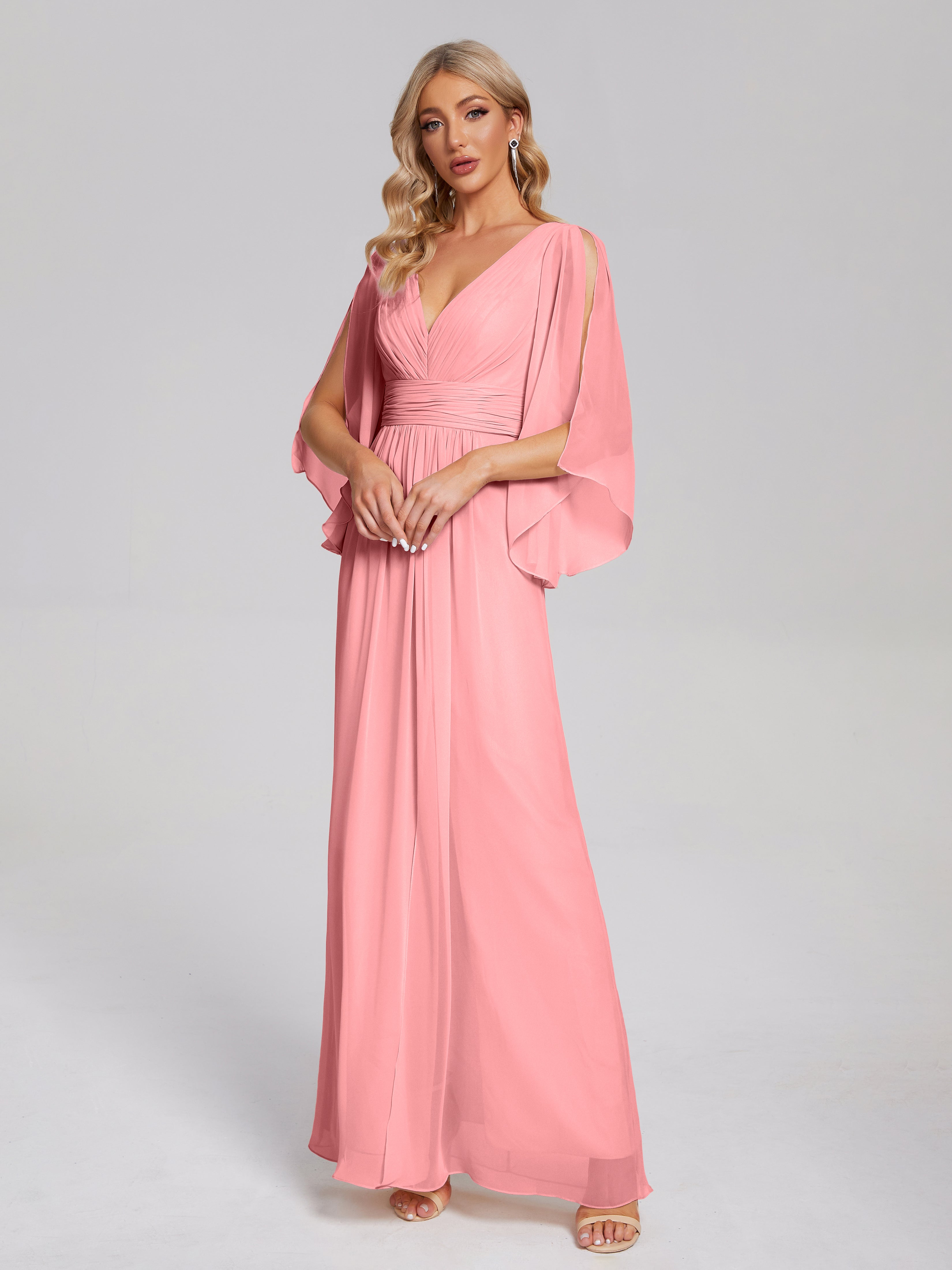 Robes De Demoiselle D'Honneur En Flamant Demi Manches Col V Fendue Mousseline Robes Demoiselle D'Honneur
