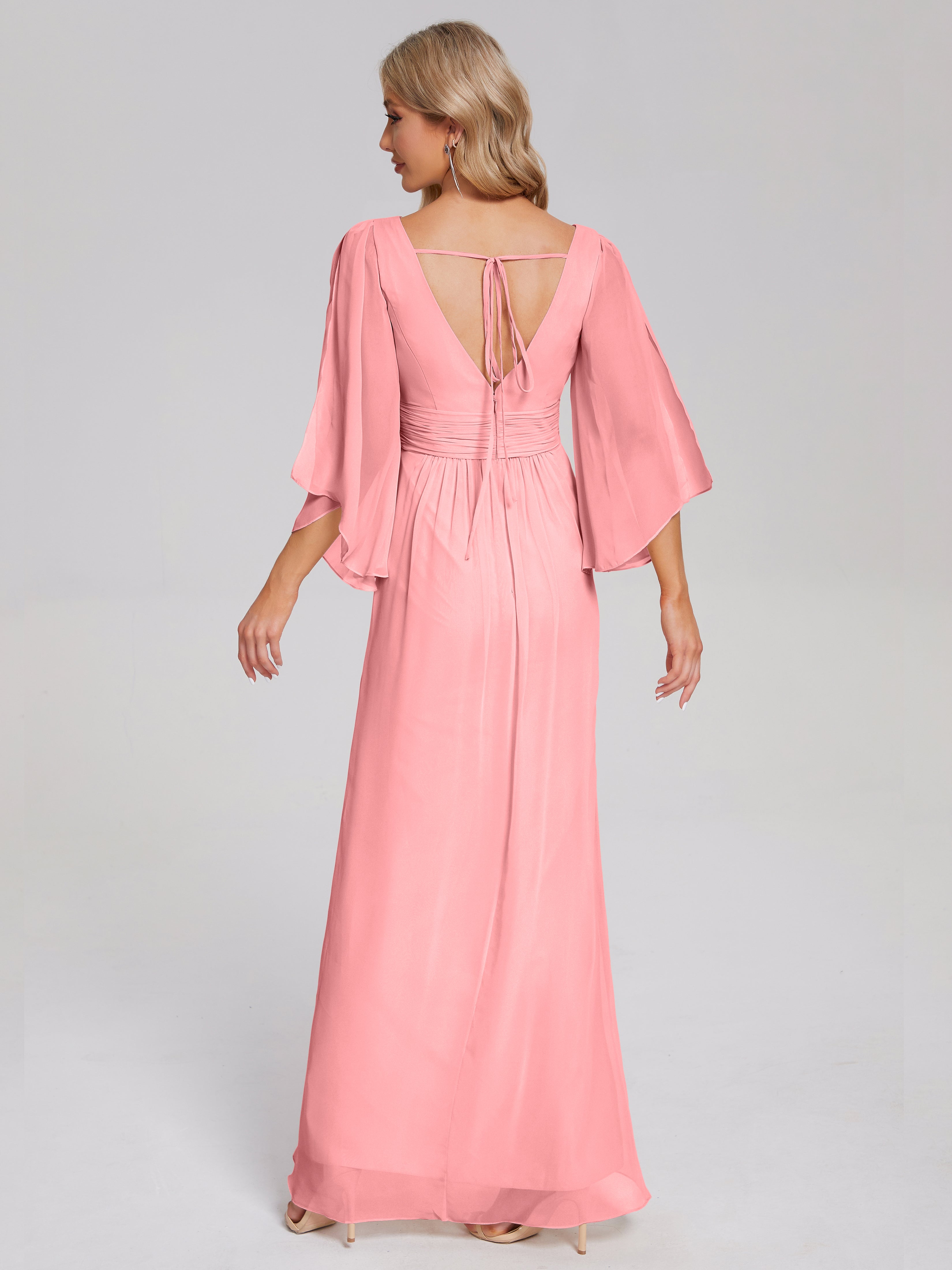 Robes De Demoiselle D'Honneur En Flamant Demi Manches Col V Fendue Mousseline Robes Demoiselle D'Honneur
