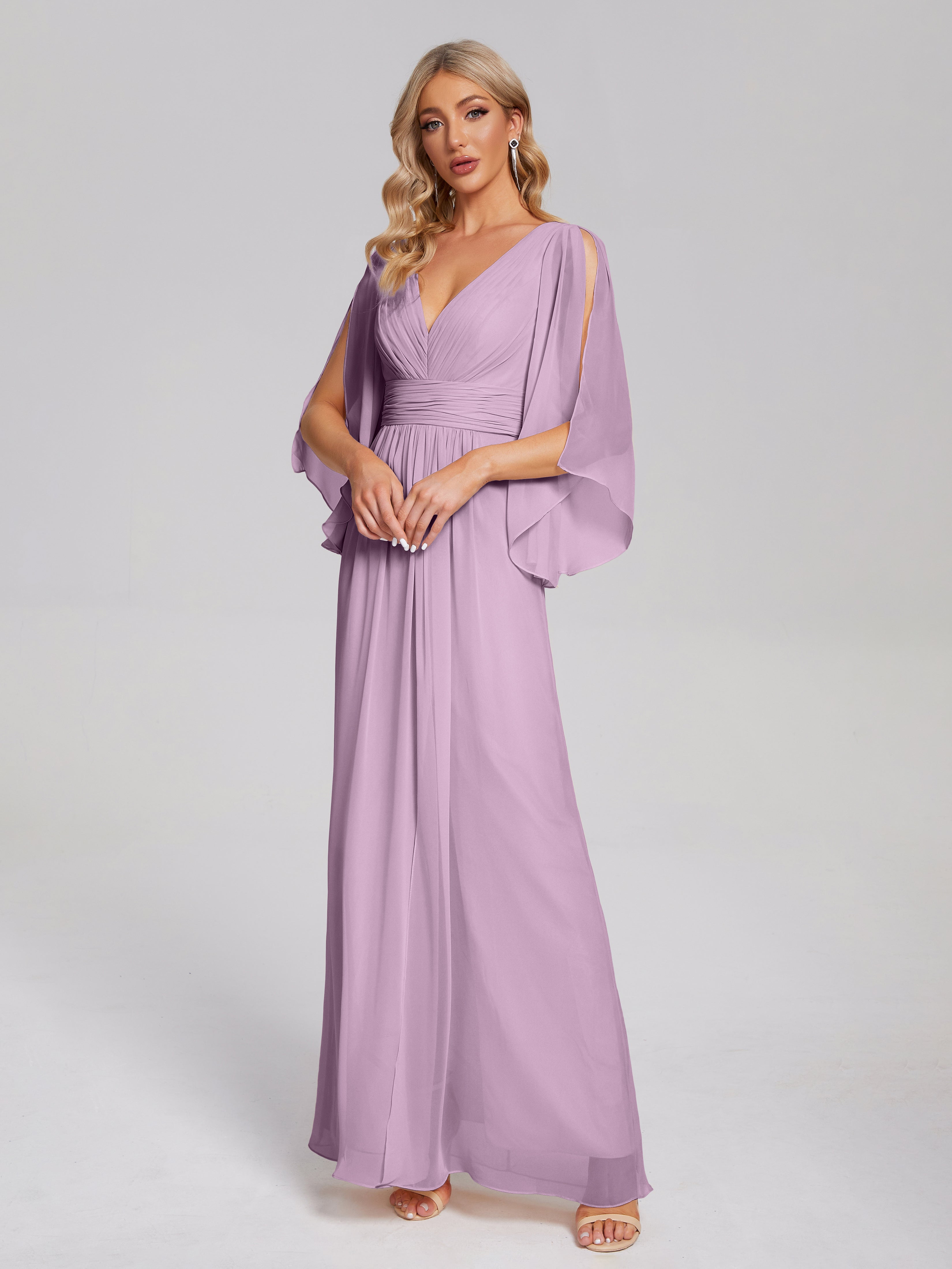 Robes De Demoiselle D'Honneur Glycine Demi Manches Col V Fendue Mousseline Robes Demoiselle D'Honneur
