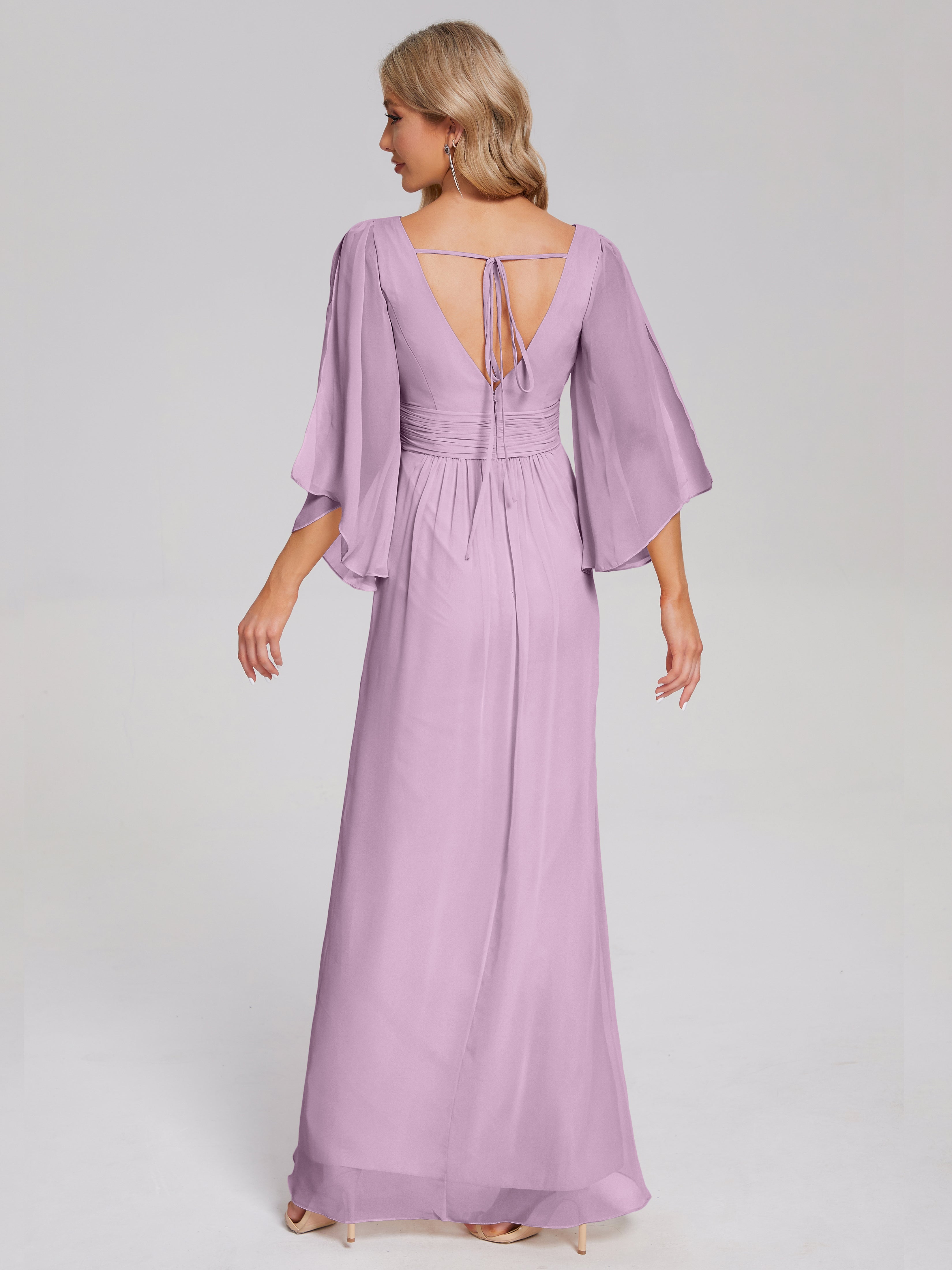 Robes De Demoiselle D'Honneur Glycine Demi Manches Col V Fendue Mousseline Robes Demoiselle D'Honneur