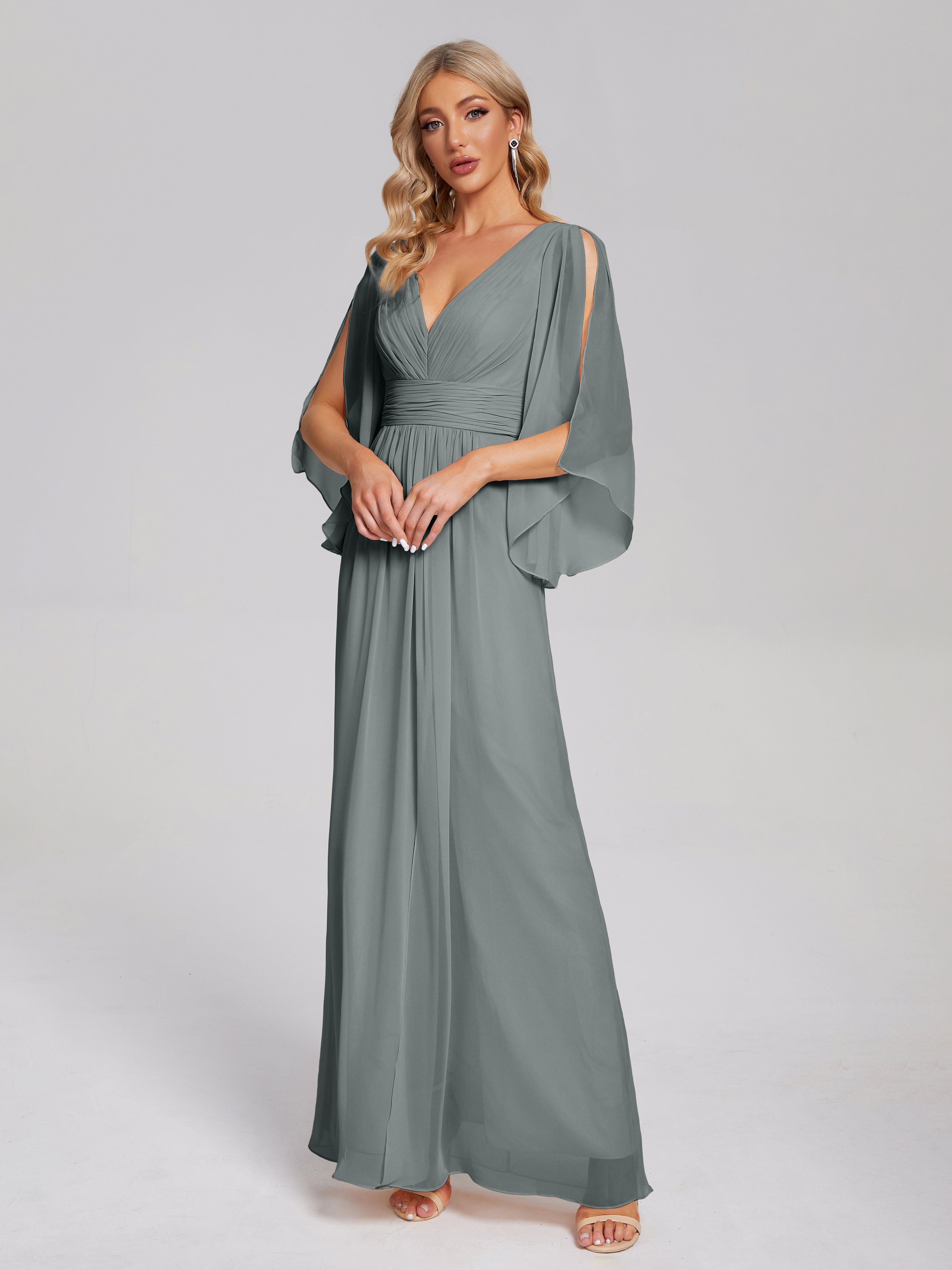 Robe Grise Demoiselle D Honneur Demi Manches Col V Fendue Mousseline Robes Demoiselle D'Honneur