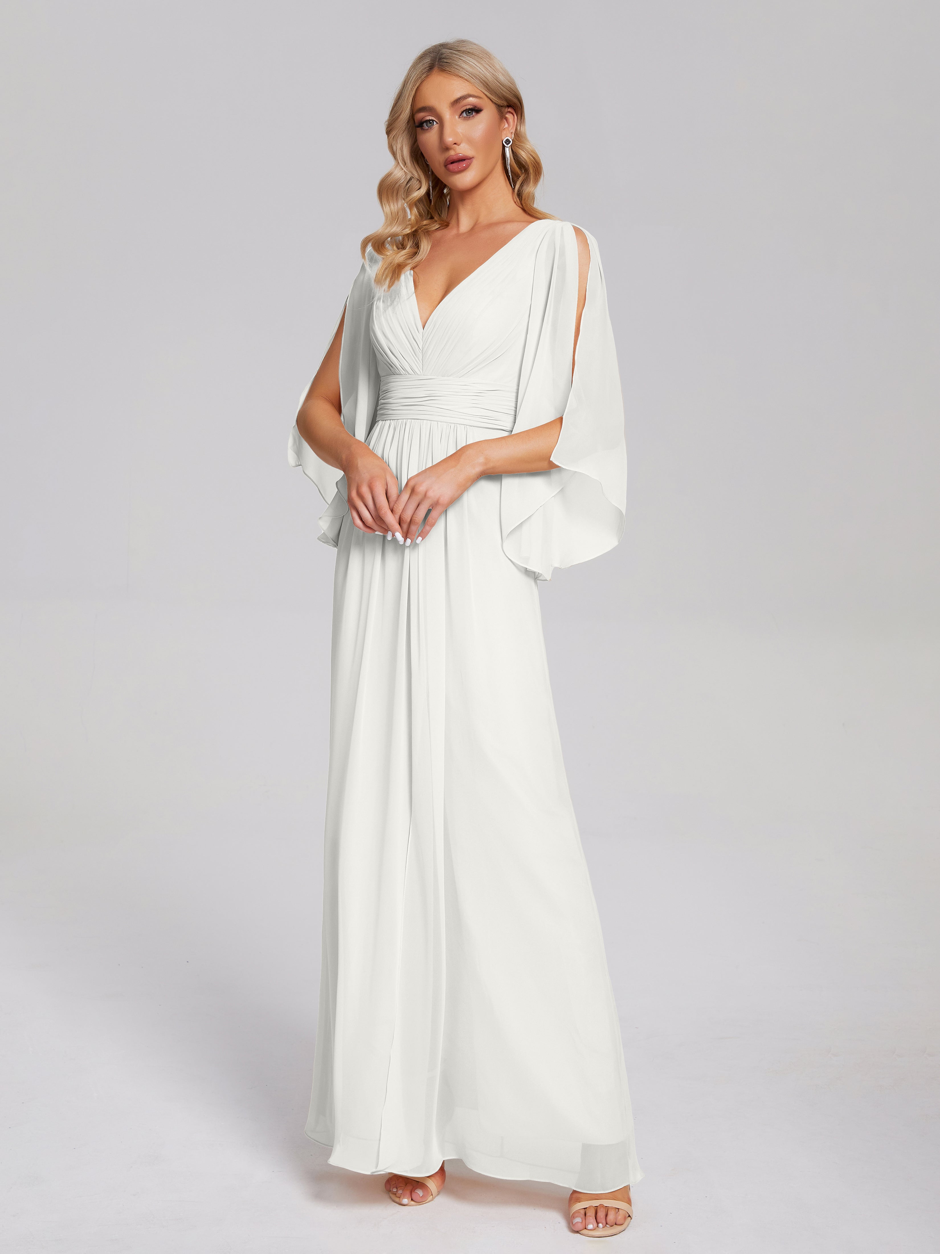 Robes De Demoiselle D'Honneur Ivoire Demi Manches Col V Fendue Mousseline Robes Demoiselle D'Honneur