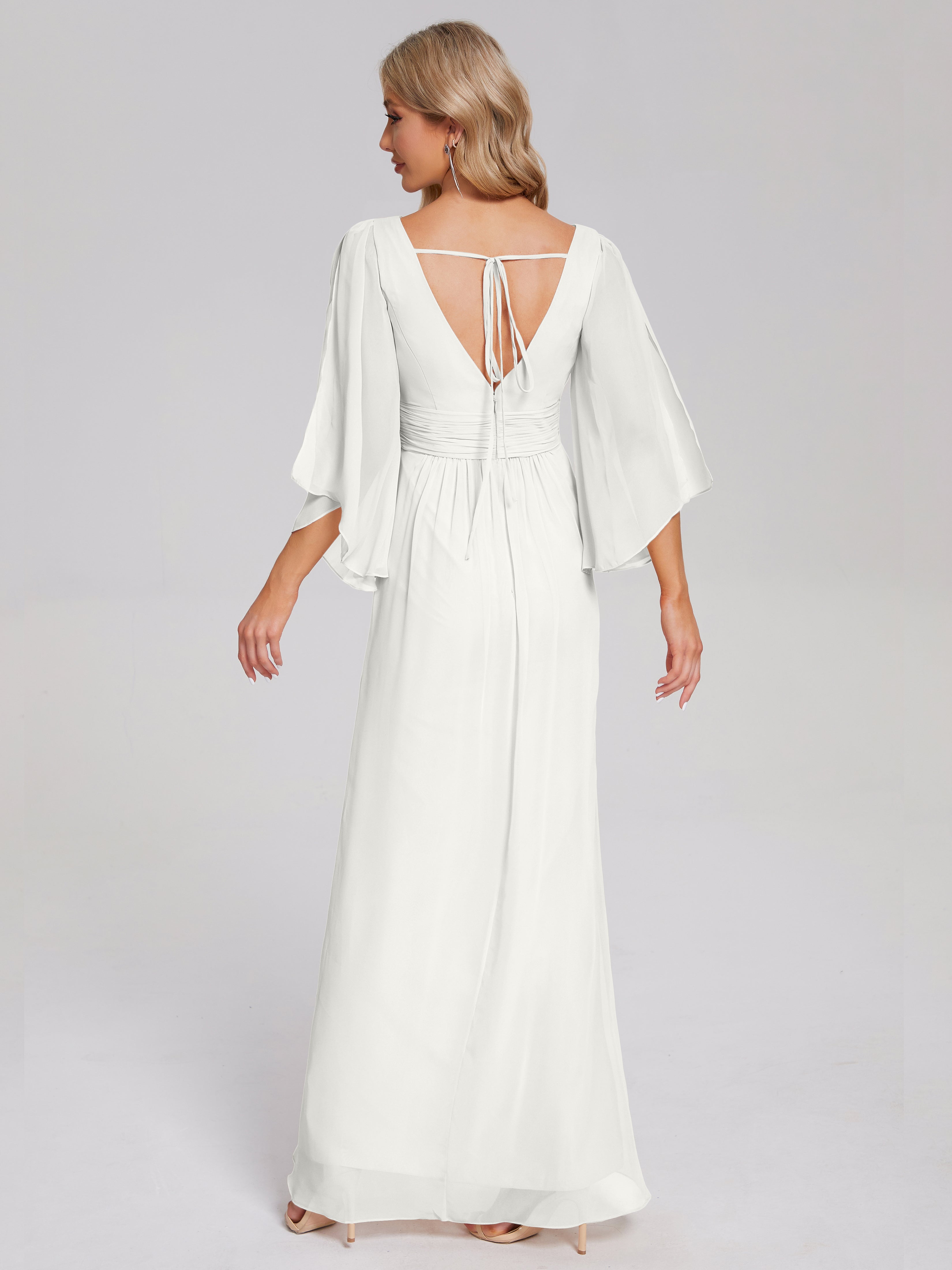 Robes De Demoiselle D'Honneur Ivoire Demi Manches Col V Fendue Mousseline Robes Demoiselle D'Honneur