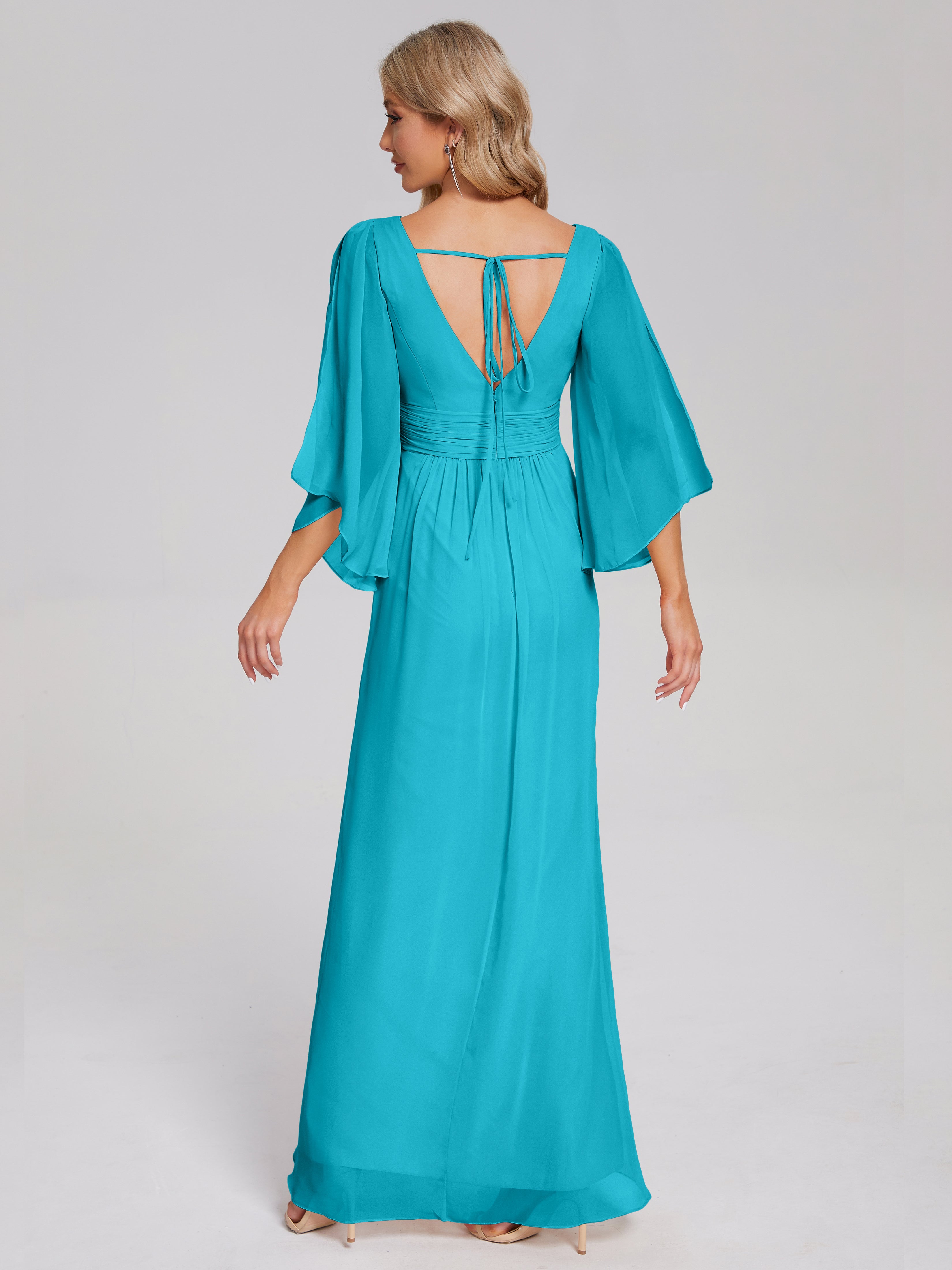 Robes De Demoiselle D'Honneur Vert Jade Demi Manches Col V Fendue Mousseline Robes Demoiselle D'Honneur