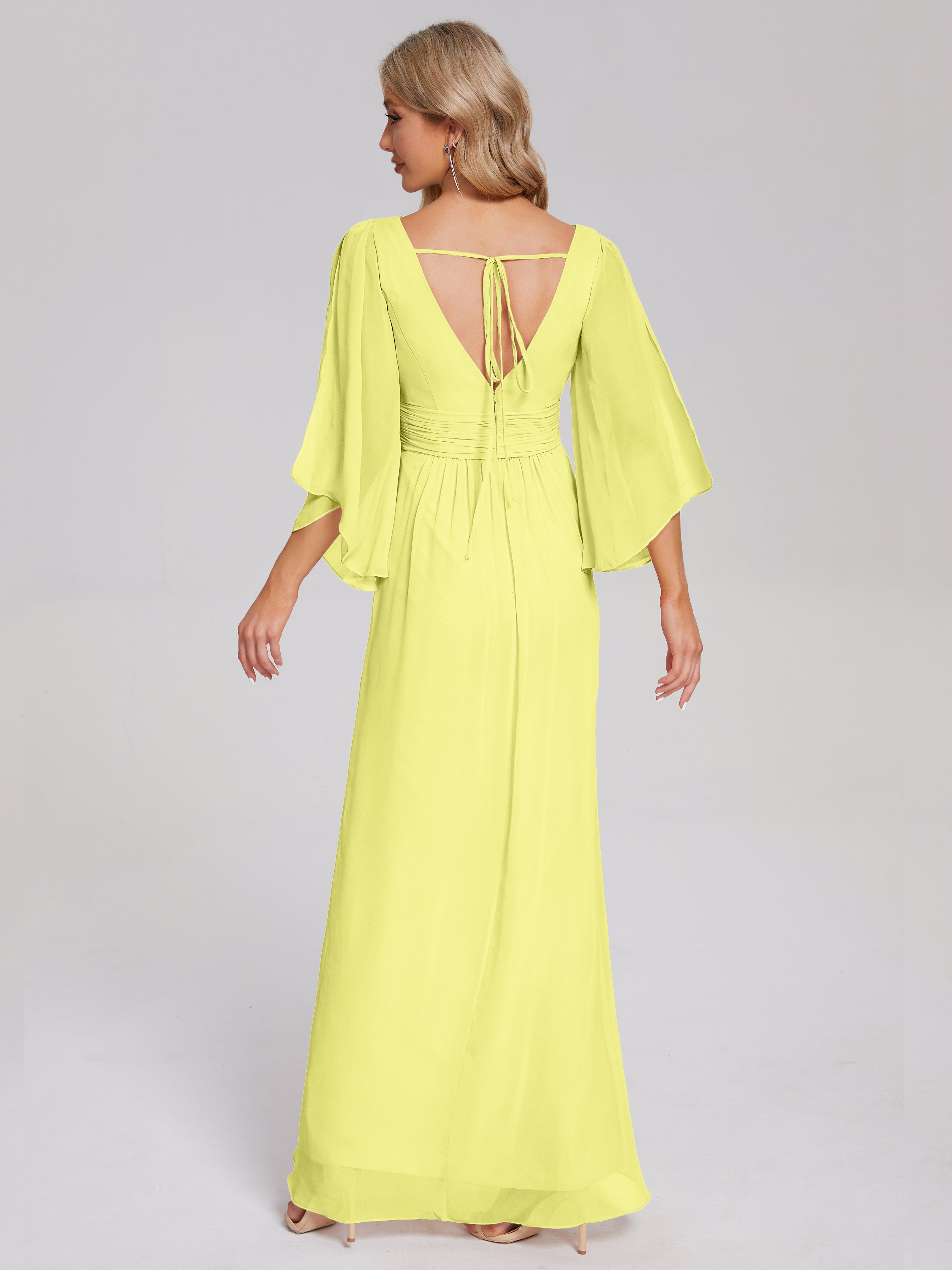 Robes De Demoiselle D'Honneur Jonquille Demi Manches Col V Fendue Mousseline Robes Demoiselle D'Honneur