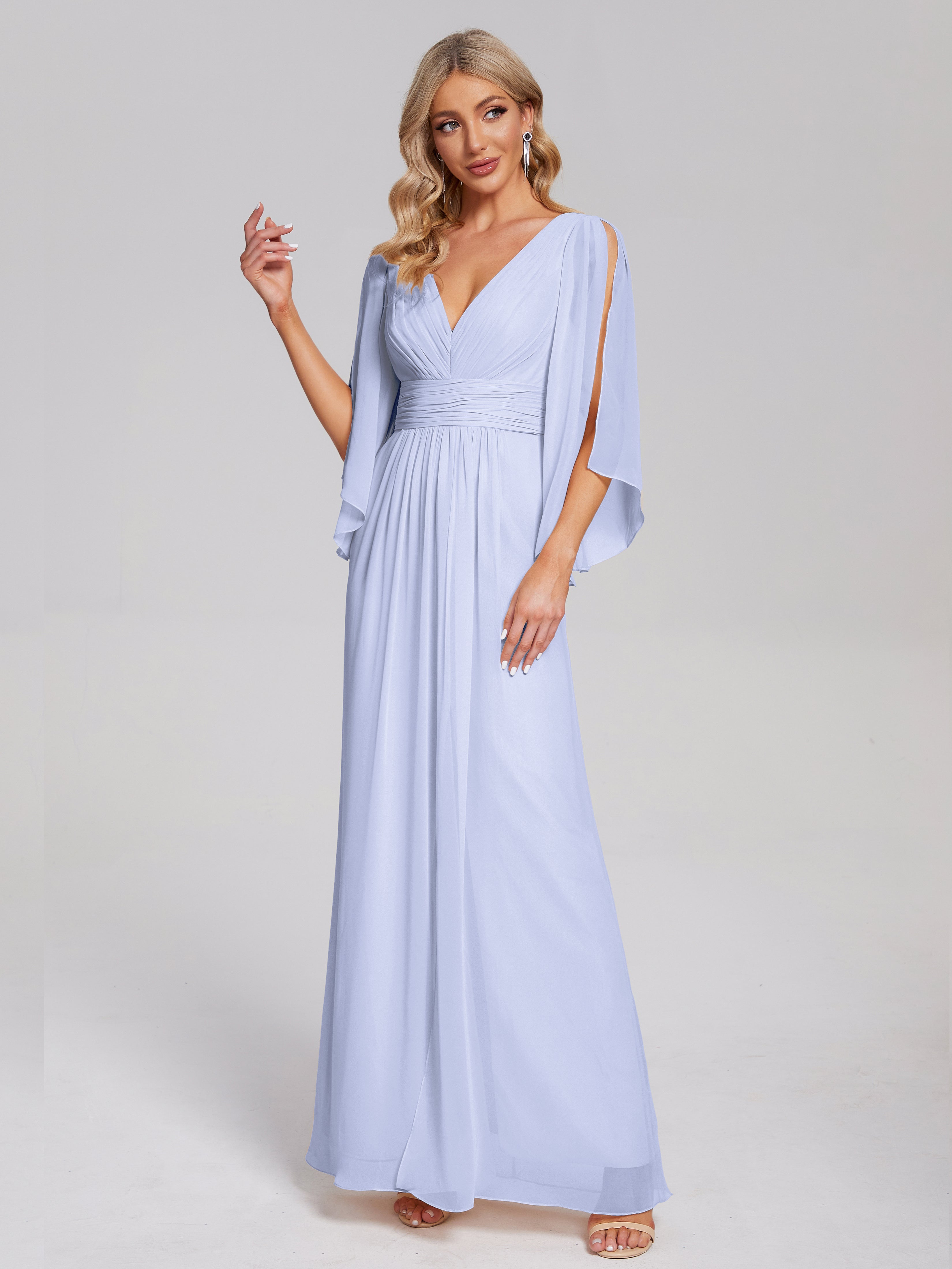 Robe Demoiselle D Honneur Lavande Demi Manches Col V Fendue Mousseline Robes Demoiselle D'Honneur