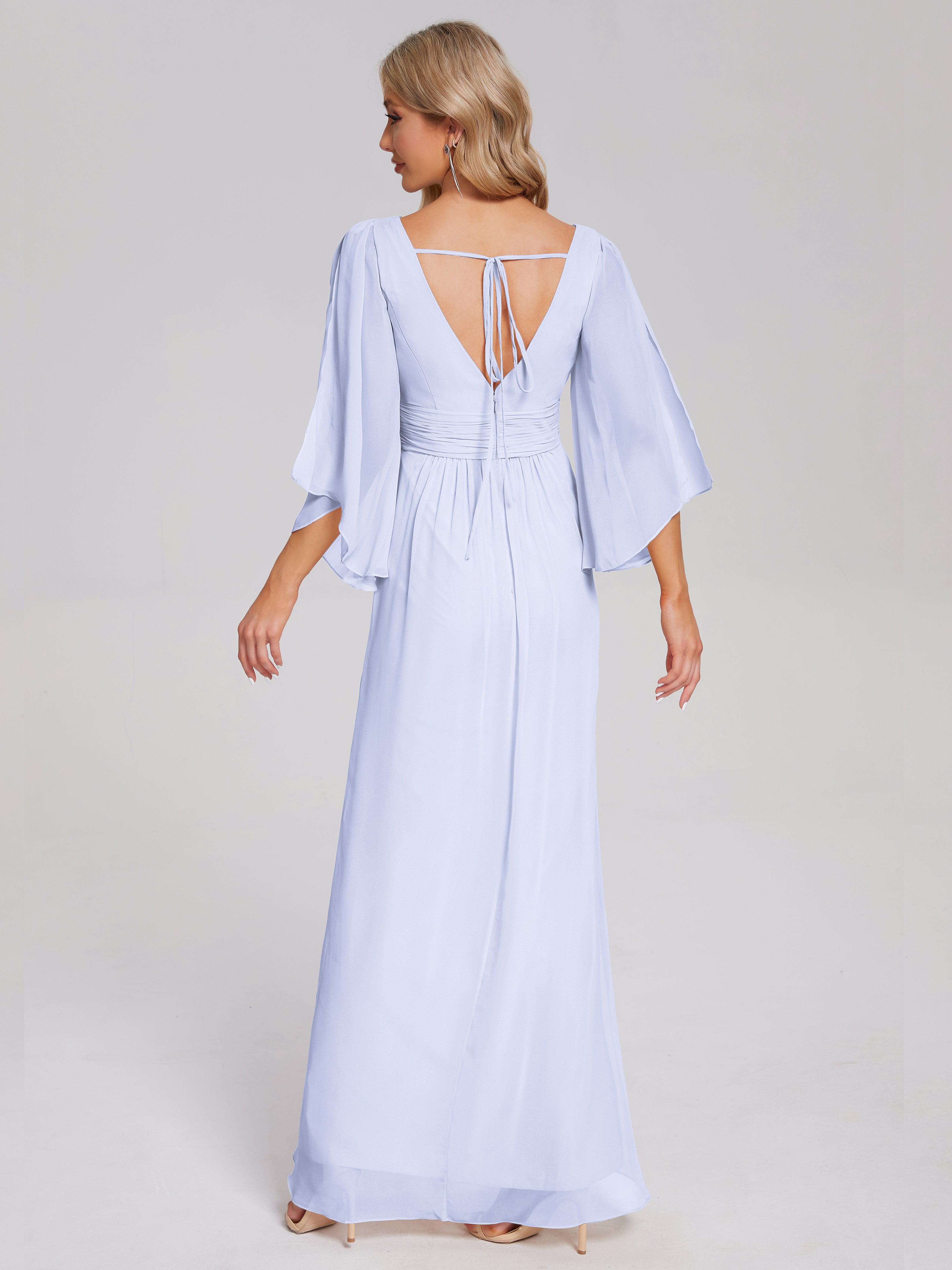 Robe Demoiselle D Honneur Lavande Demi Manches Col V Fendue Mousseline Robes Demoiselle D'Honneur