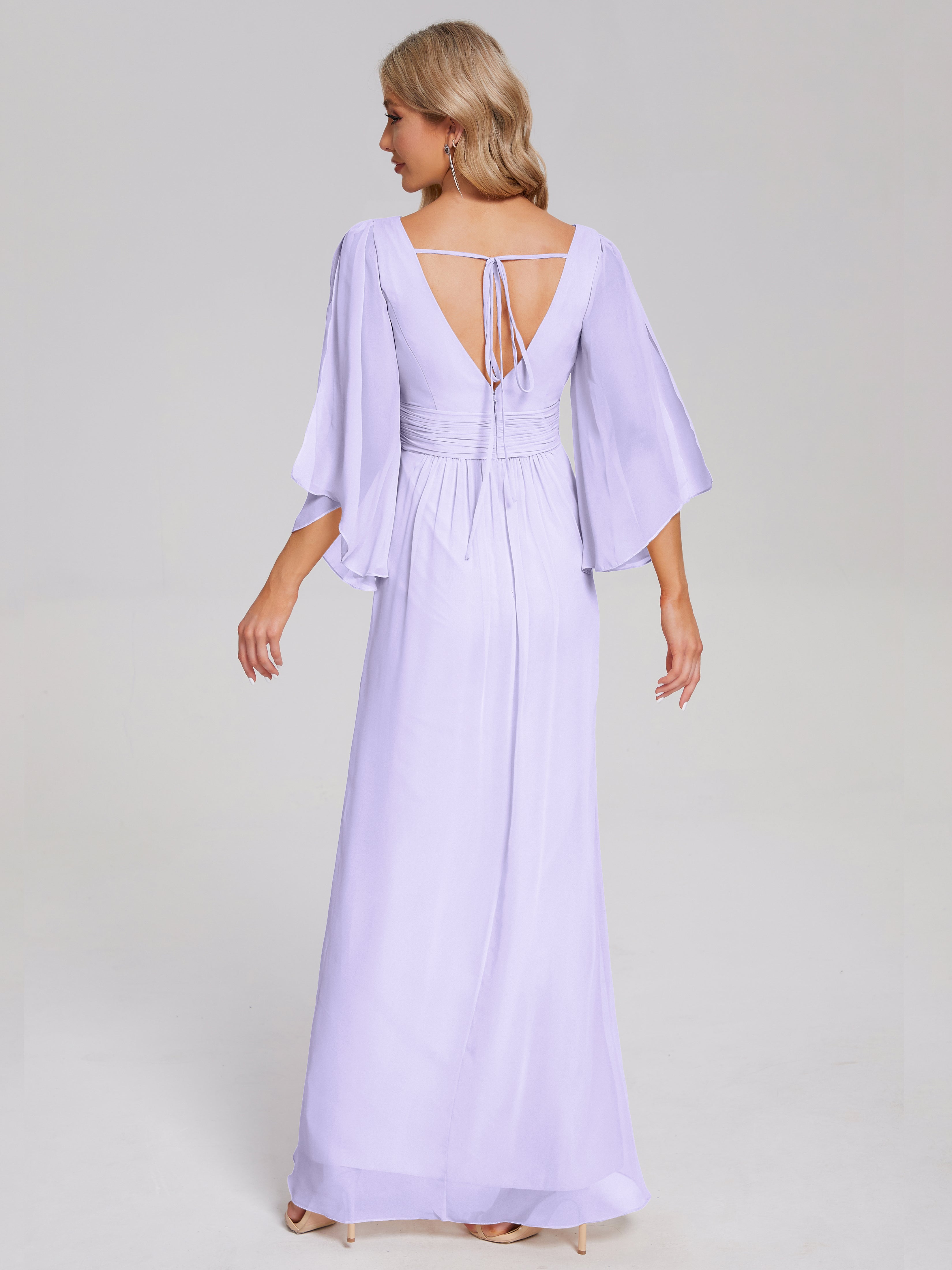 Robe Lilas Demoiselle D Honneur Demi Manches Col V Fendue Mousseline Robes Demoiselle D'Honneur