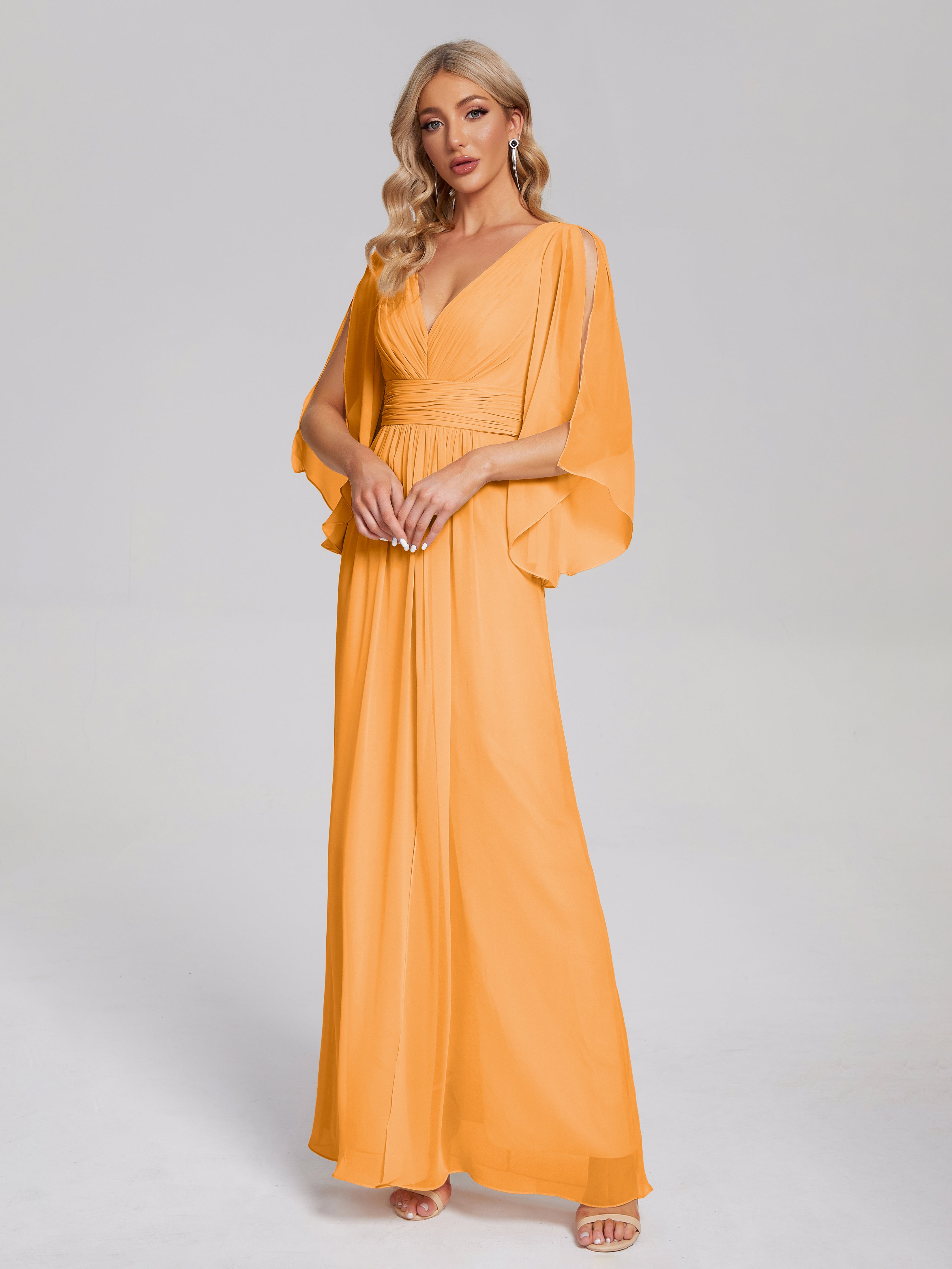 Robes De Demoiselle D'Honneur Mandarine Demi Manches Col V Fendue Mousseline Robes Demoiselle D'Honneur