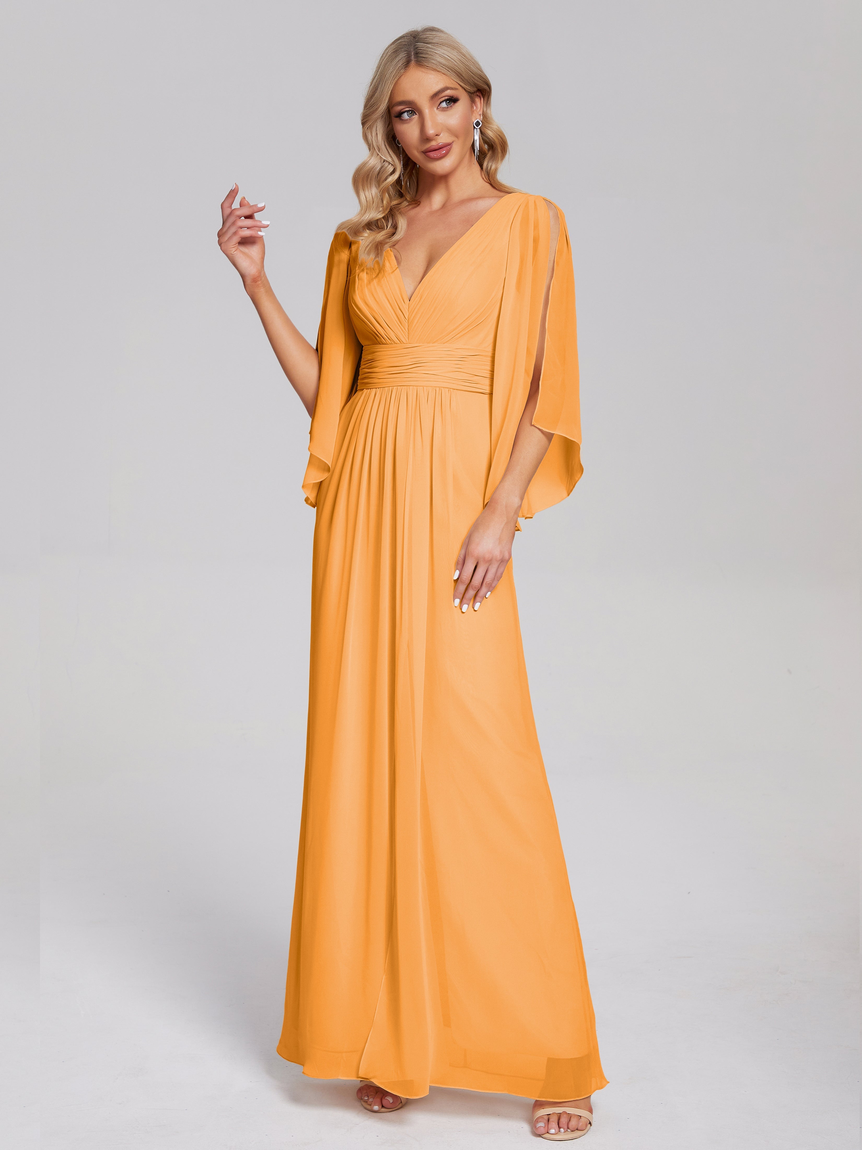 Robes De Demoiselle D'Honneur Mandarine Demi Manches Col V Fendue Mousseline Robes Demoiselle D'Honneur