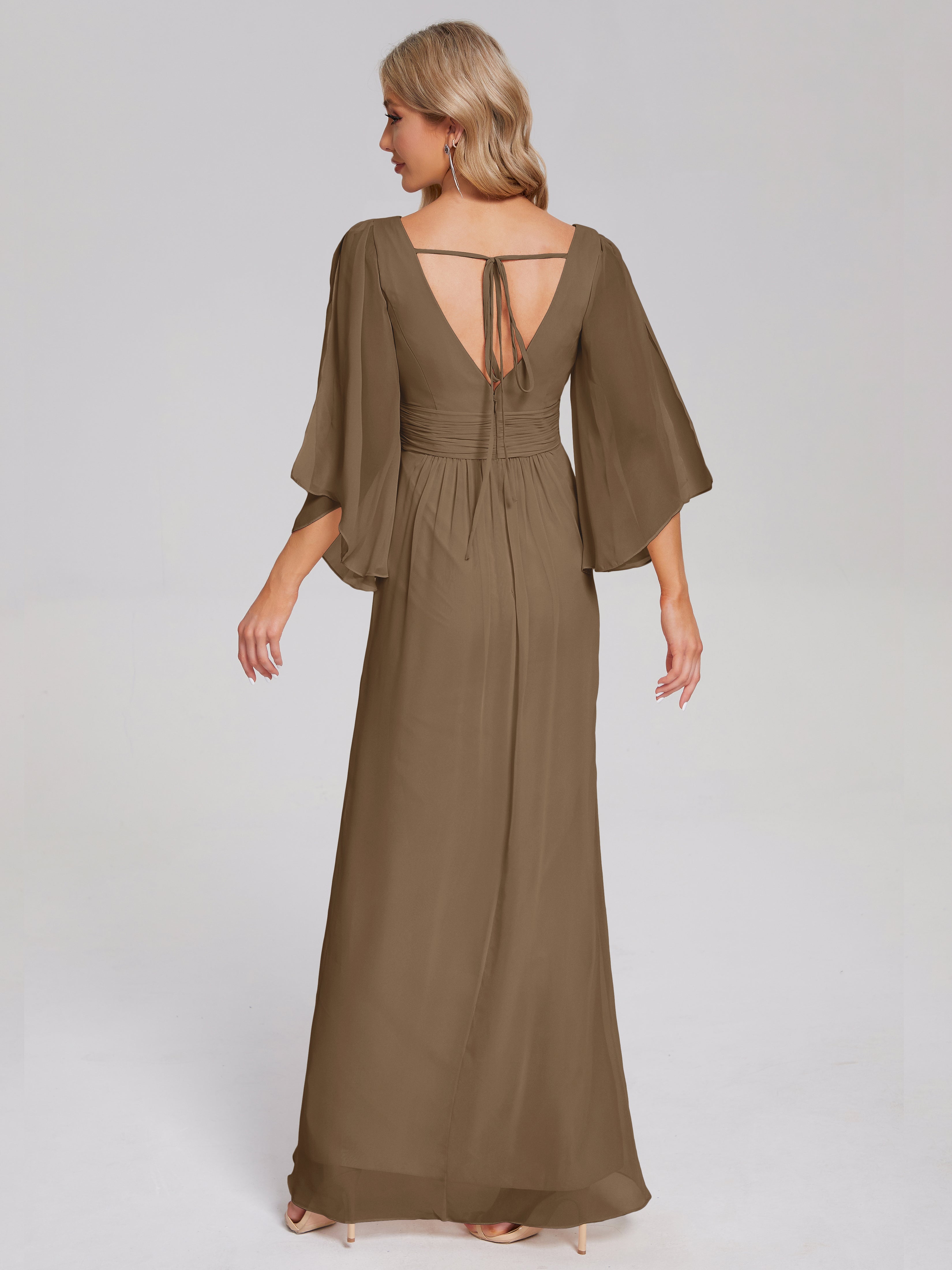 Robe De Demoiselle D'Honneur Moka Demi Manches Col V Fendue Mousseline Robes Demoiselle D'Honneur