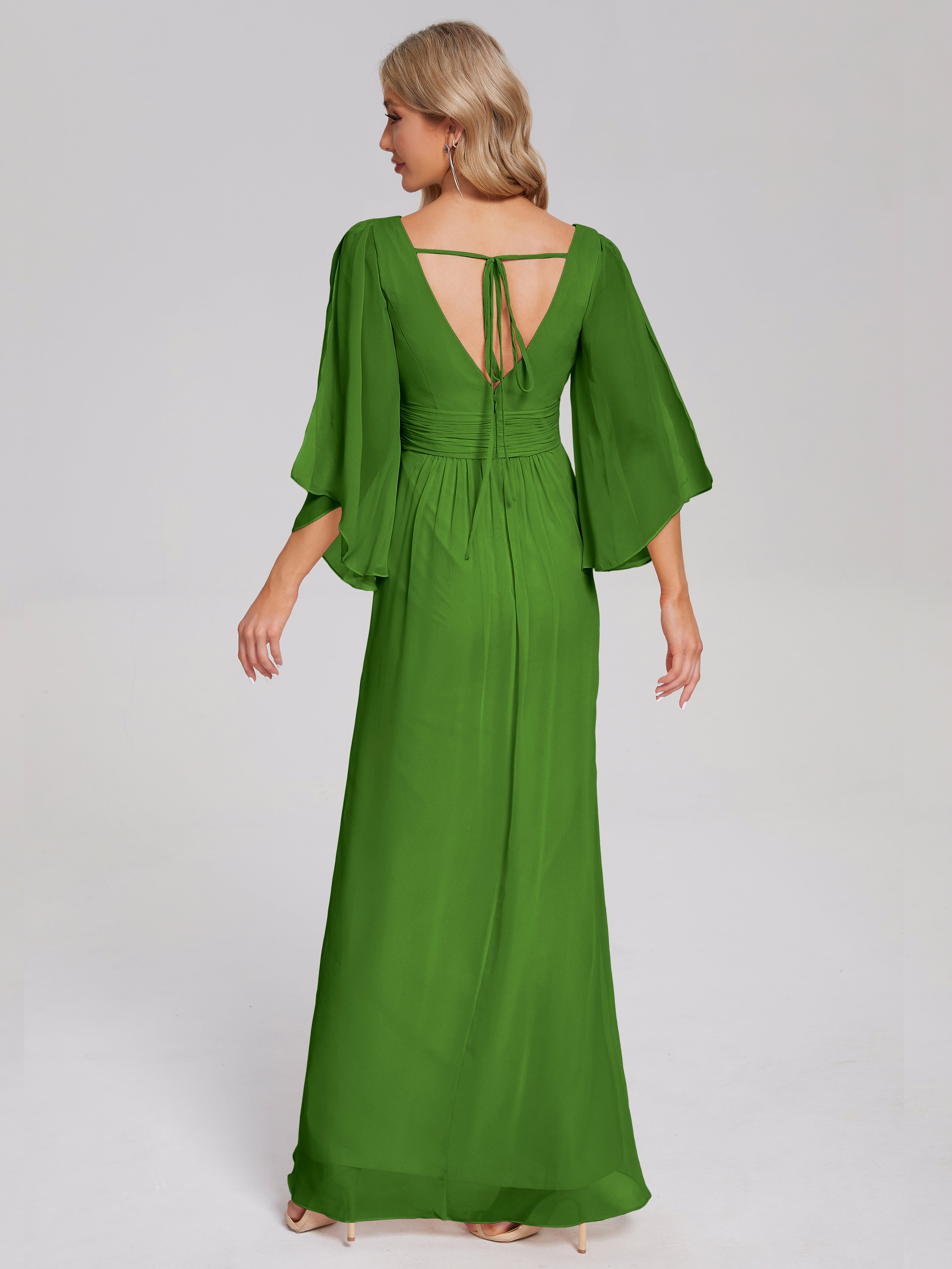 Robes De Demoiselle D'Honneur Vert Mousse Demi Manches Col V Fendue Mousseline Robes Demoiselle D'Honneur