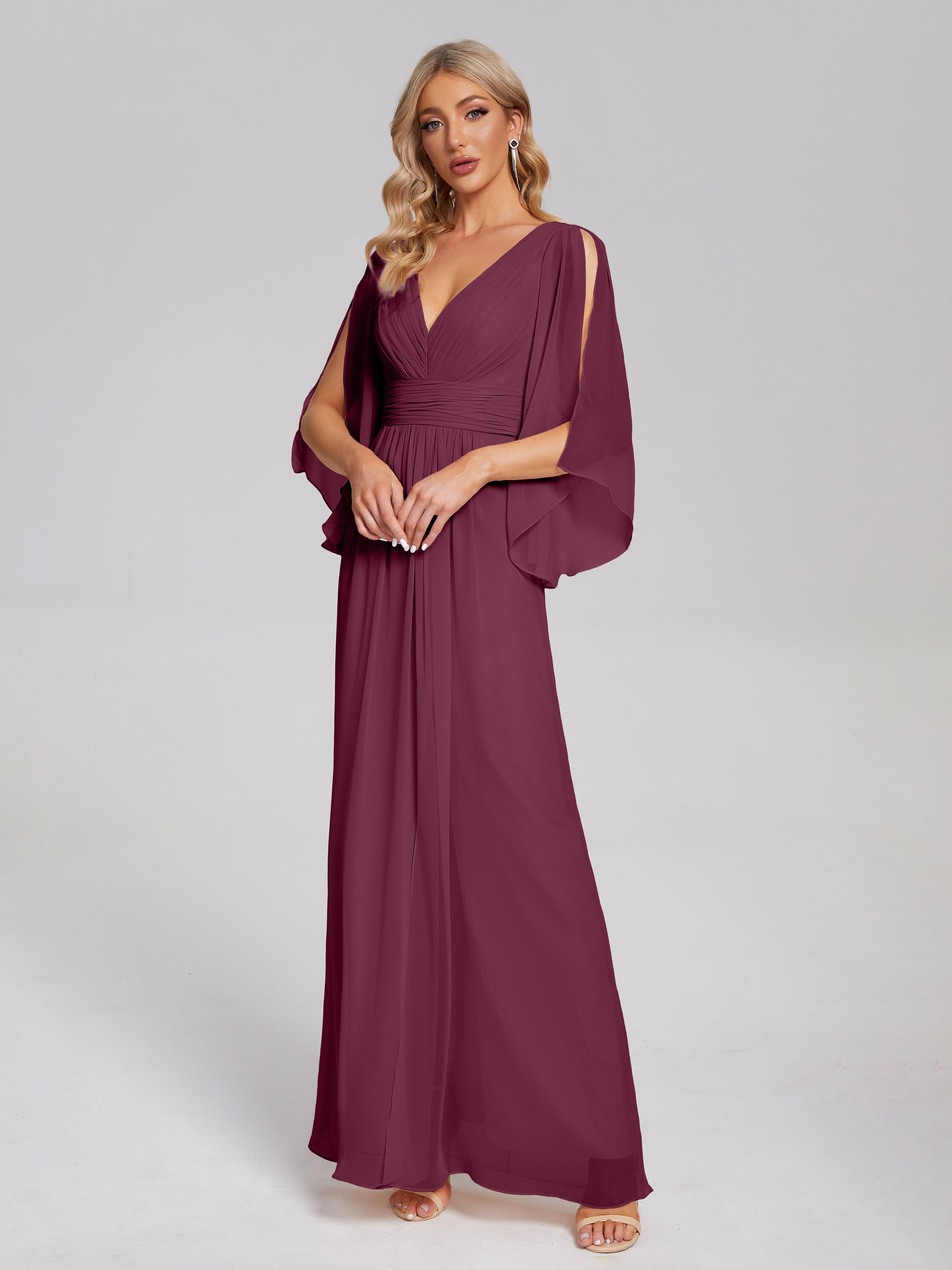 Robes De Demoiselle D'Honneur Mure Demi Manches Col V Fendue Mousseline Robes Demoiselle D'Honneur