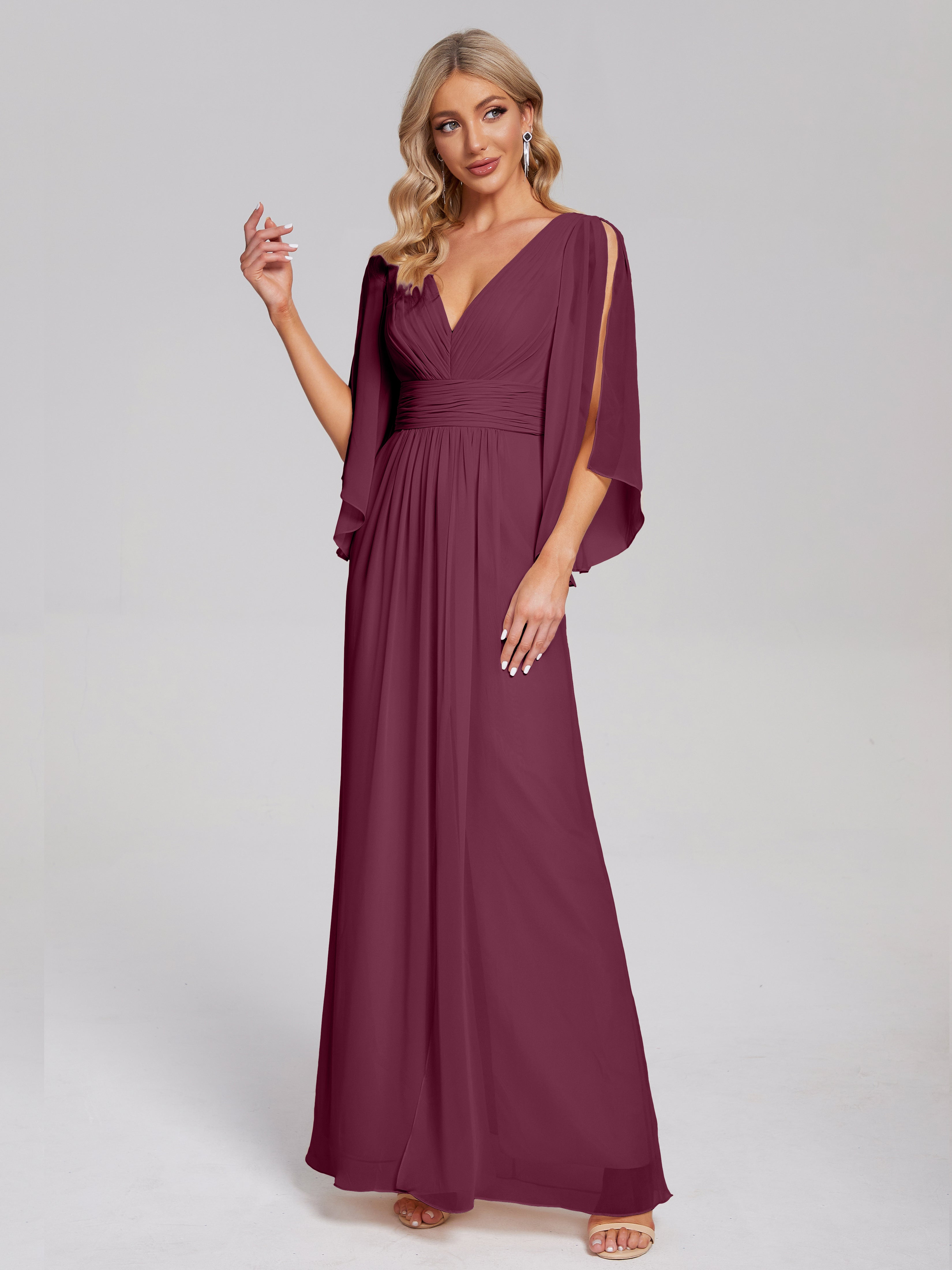 Robes De Demoiselle D'Honneur Mure Demi Manches Col V Fendue Mousseline Robes Demoiselle D'Honneur