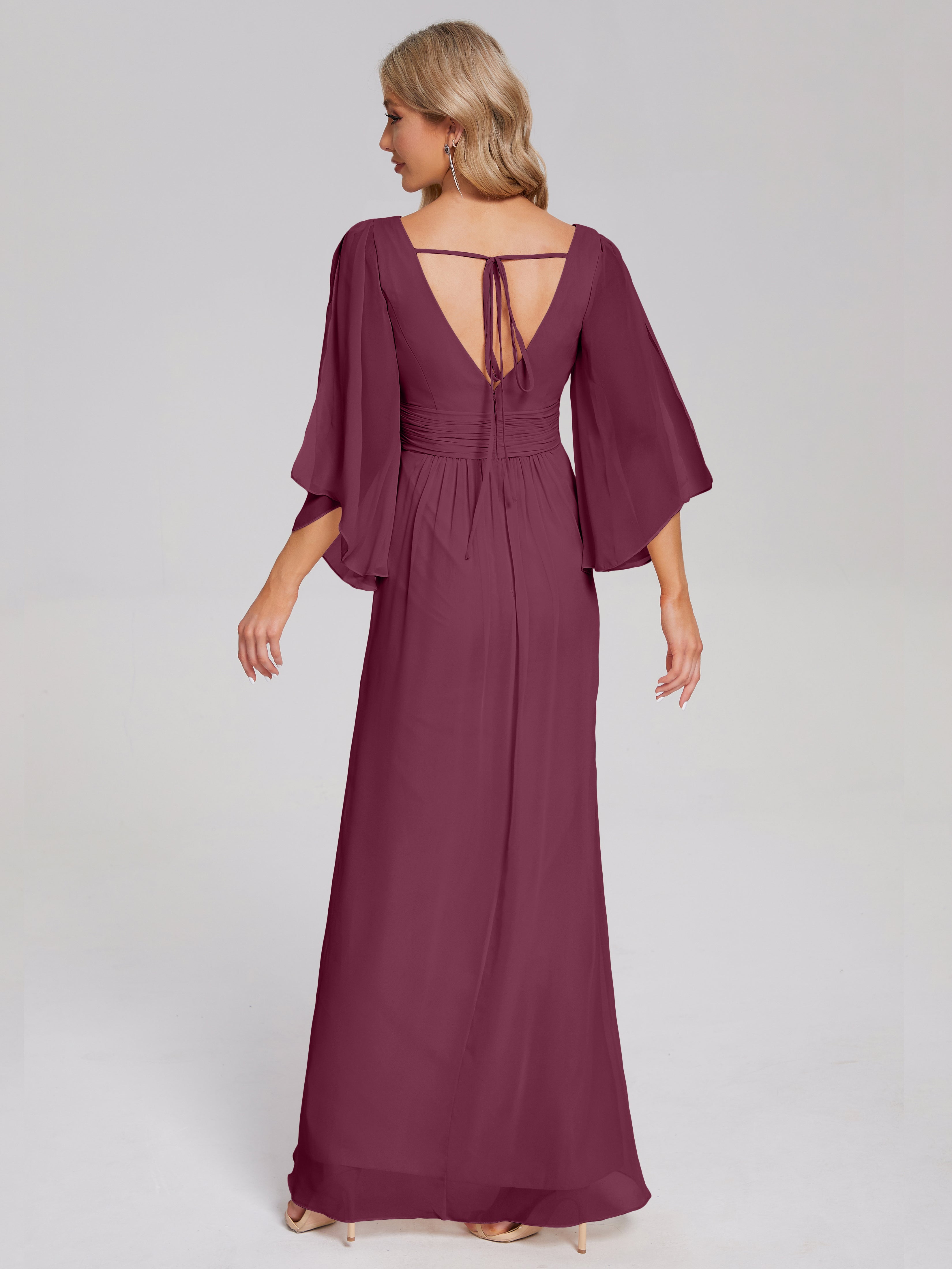 Robes De Demoiselle D'Honneur Mure Demi Manches Col V Fendue Mousseline Robes Demoiselle D'Honneur