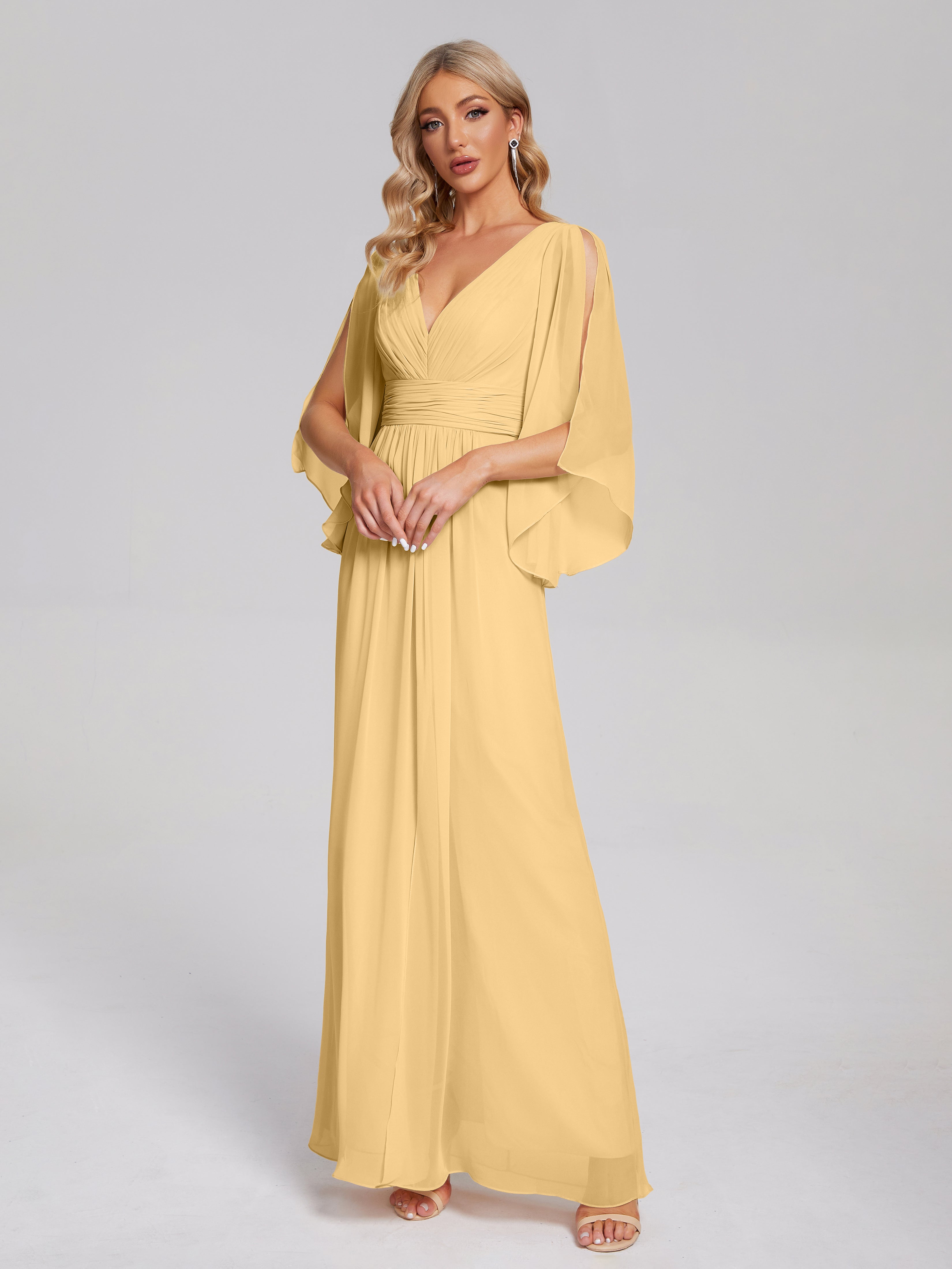 Robe Or Demoiselle D Honneur Demi Manches Col V Fendue Mousseline Robes Demoiselle D'Honneur