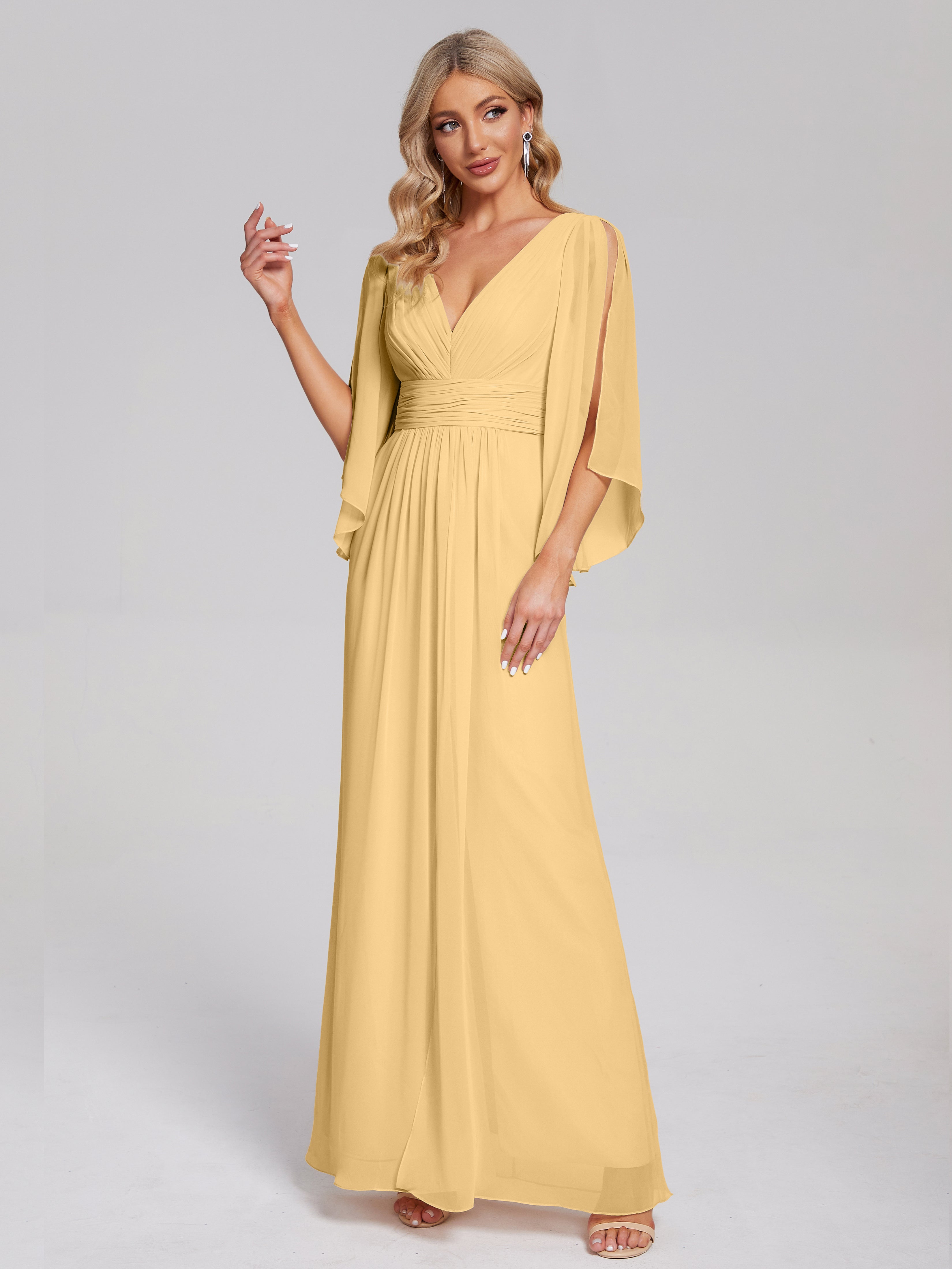Robe Or Demoiselle D Honneur Demi Manches Col V Fendue Mousseline Robes Demoiselle D'Honneur