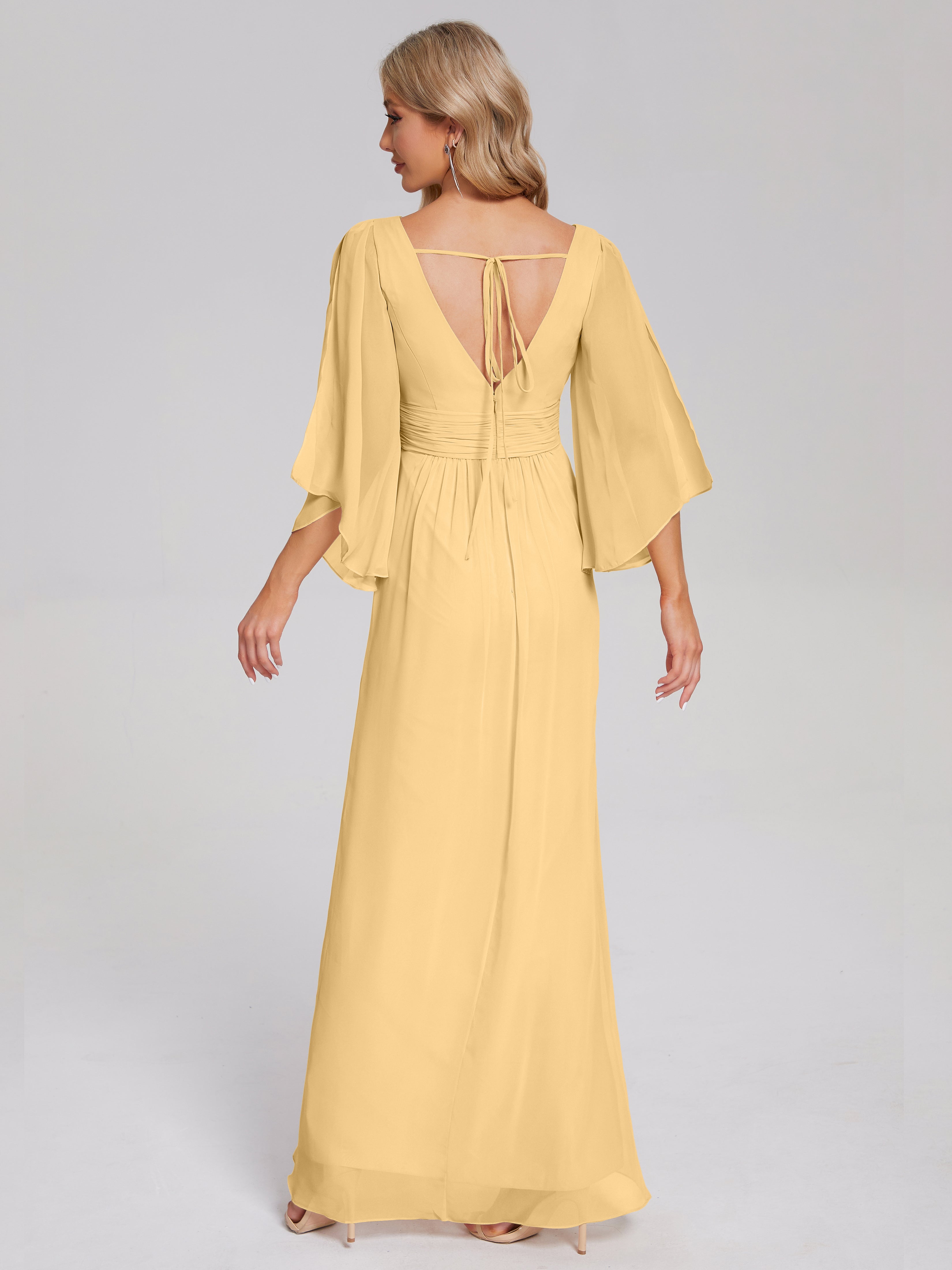 Robe Or Demoiselle D Honneur Demi Manches Col V Fendue Mousseline Robes Demoiselle D'Honneur
