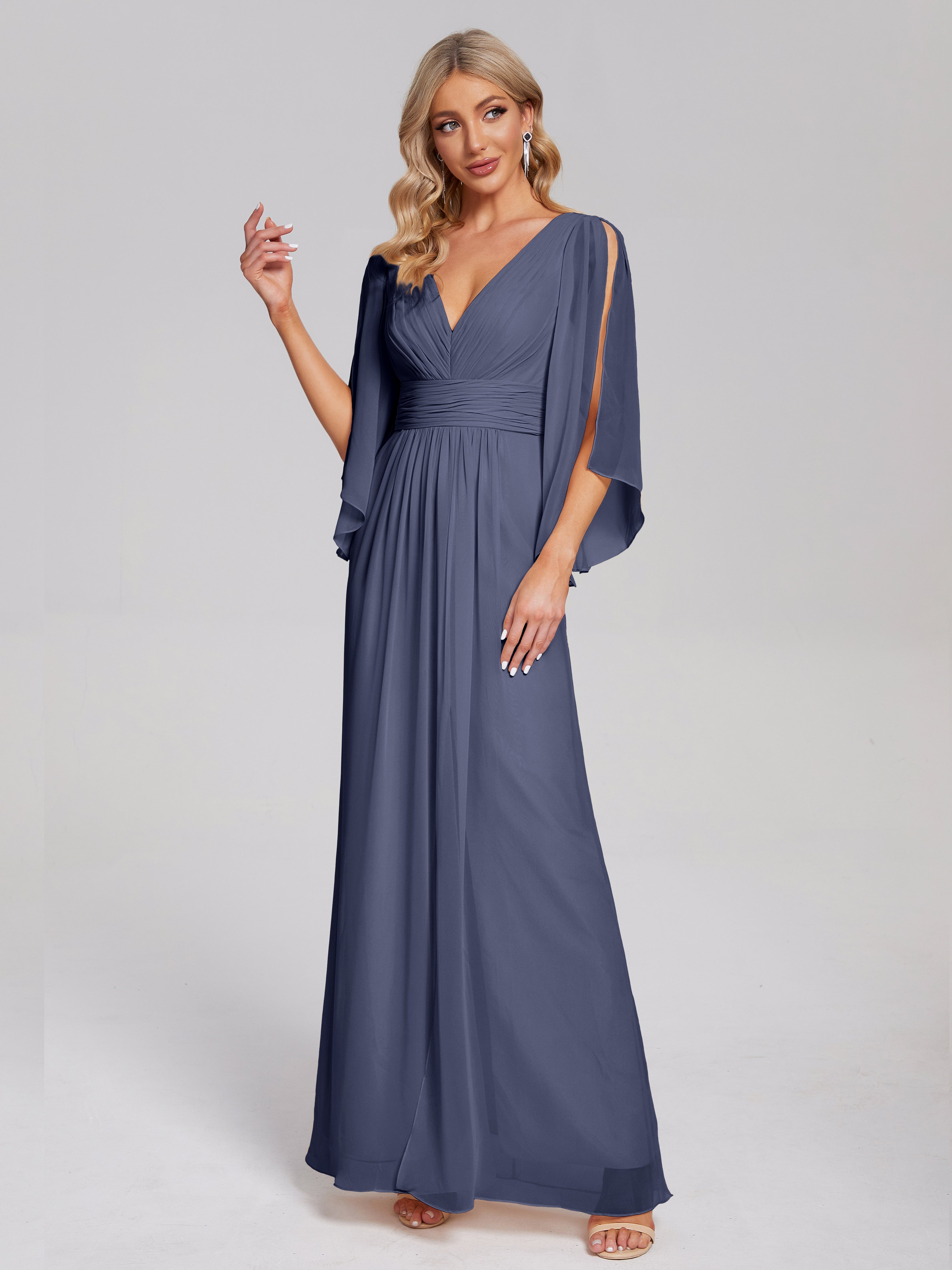 Robes De Demoiselle D'Honneur Bleu Orageux Demi Manches Col V Fendue Mousseline Robes Demoiselle D'Honneur