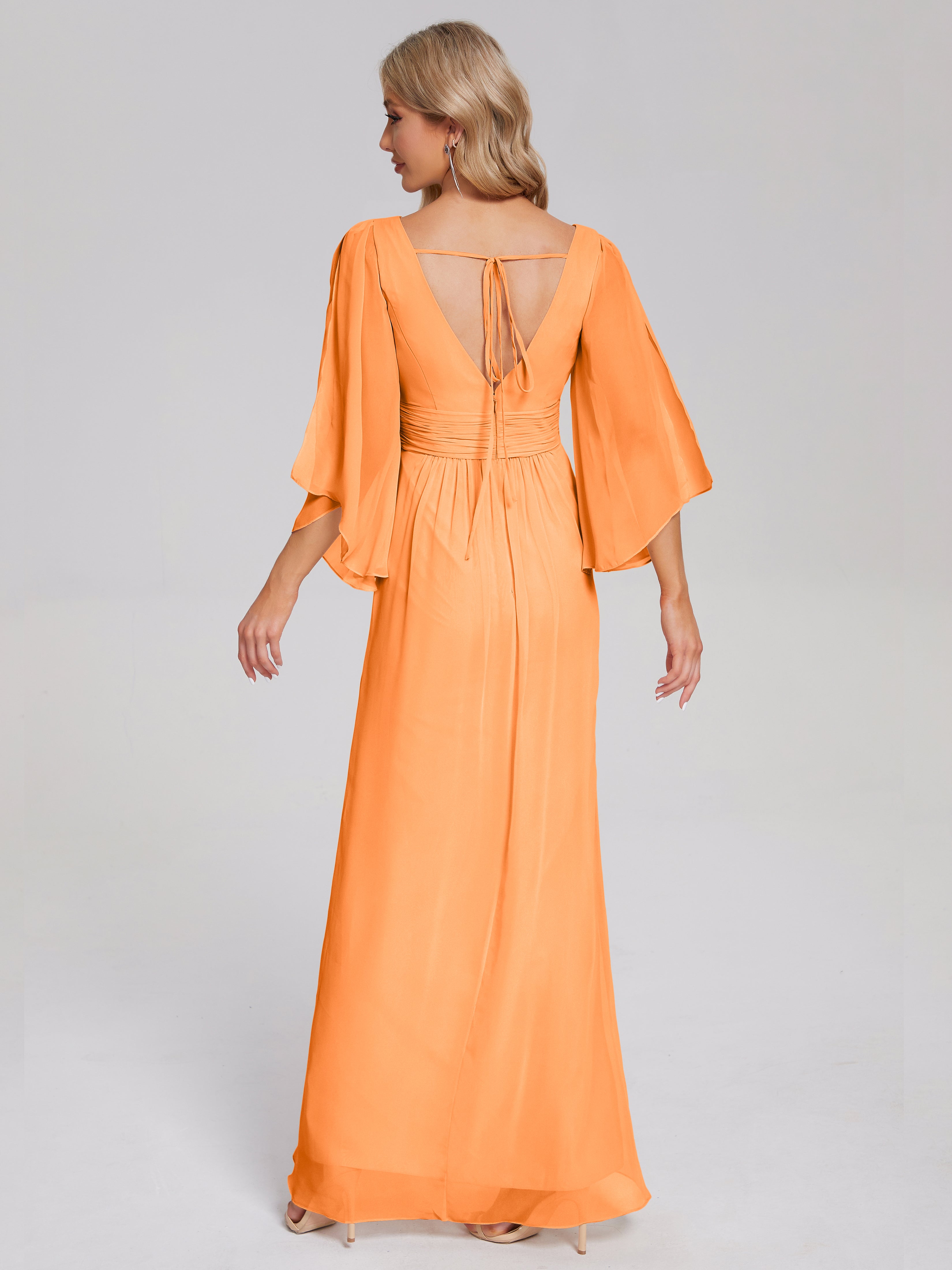Robe De Demoiselle D Honneur Orange Demi Manches Col V Fendue Mousseline Robes Demoiselle D'Honneur