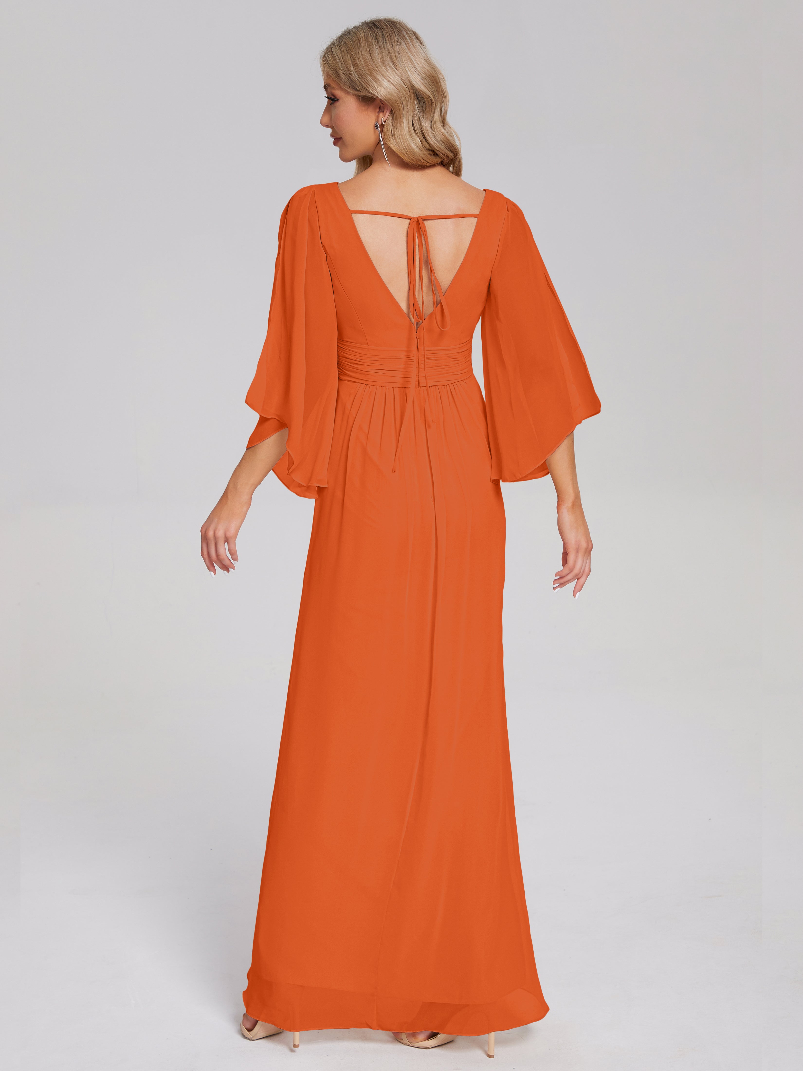 Robes De Demoiselle D'Honneur Orange Brûlé Demi Manches Col V Fendue Mousseline Robes Demoiselle D'Honneur