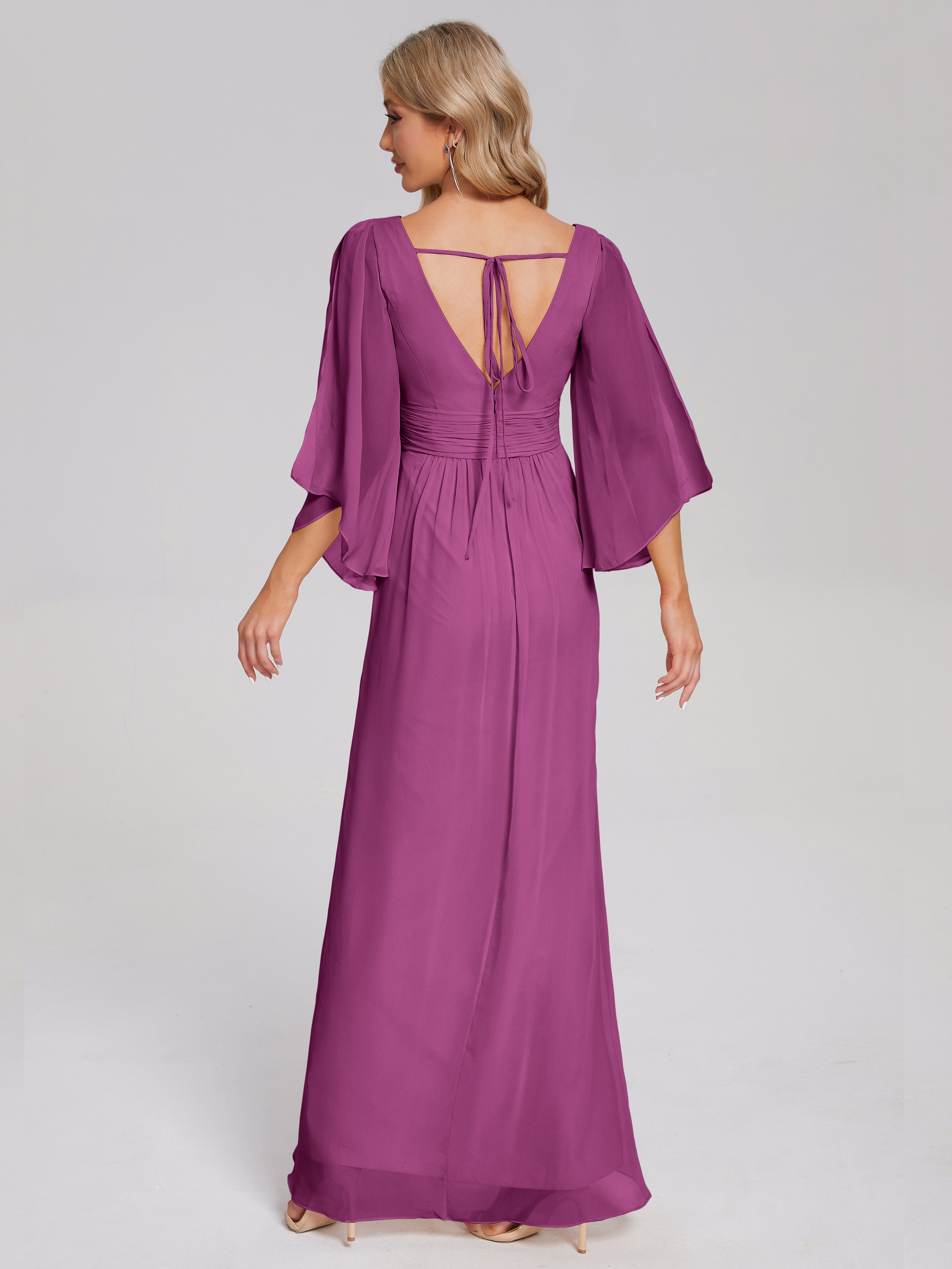 Robes De Demoiselle D'Honneur Orchidée Demi Manches Col V Fendue Mousseline Robes Demoiselle D'Honneur