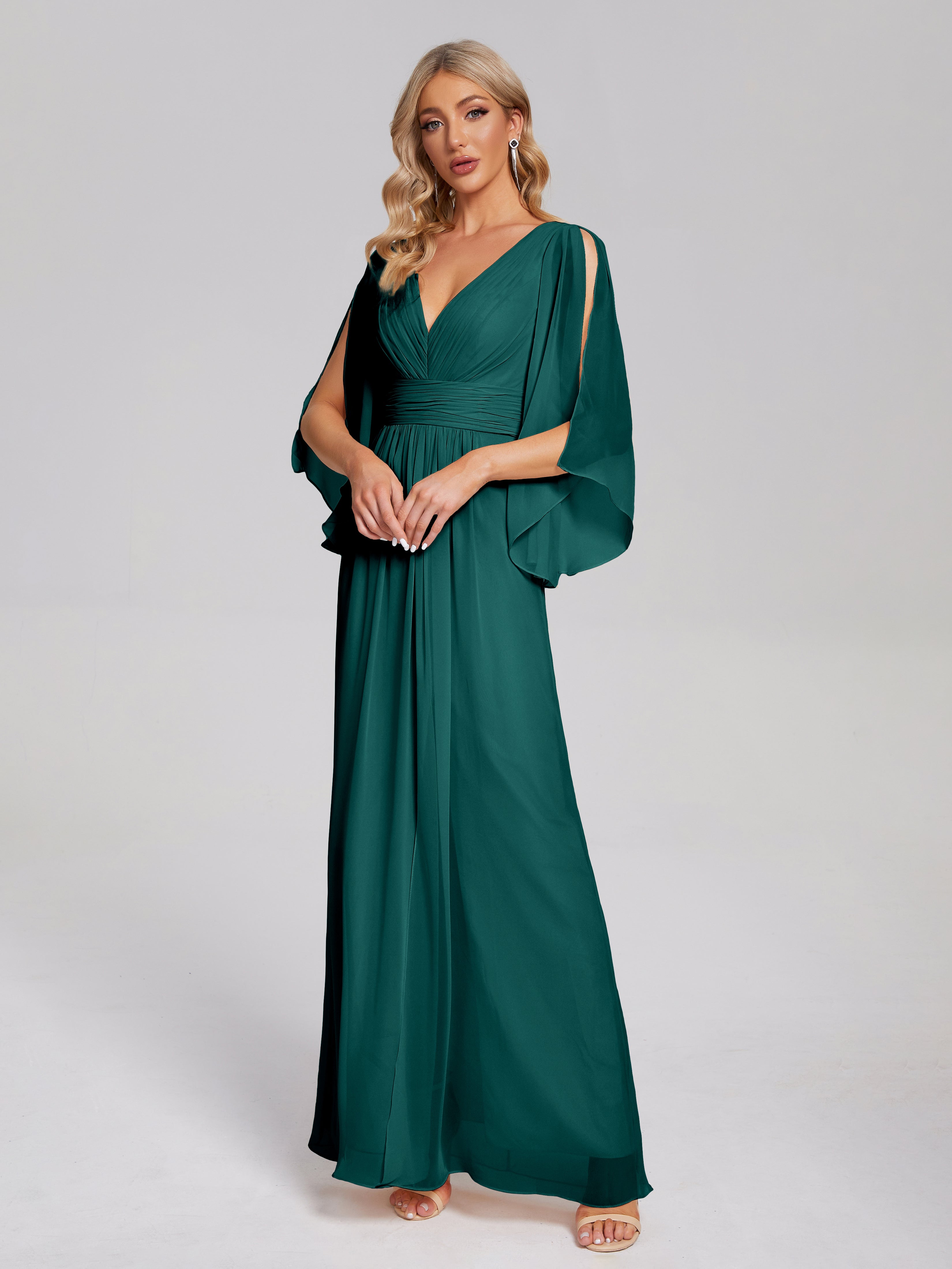 Robes De Demoiselle D'Honneur Bleu Paon Demi Manches Col V Fendue Mousseline Robes Demoiselle D'Honneur