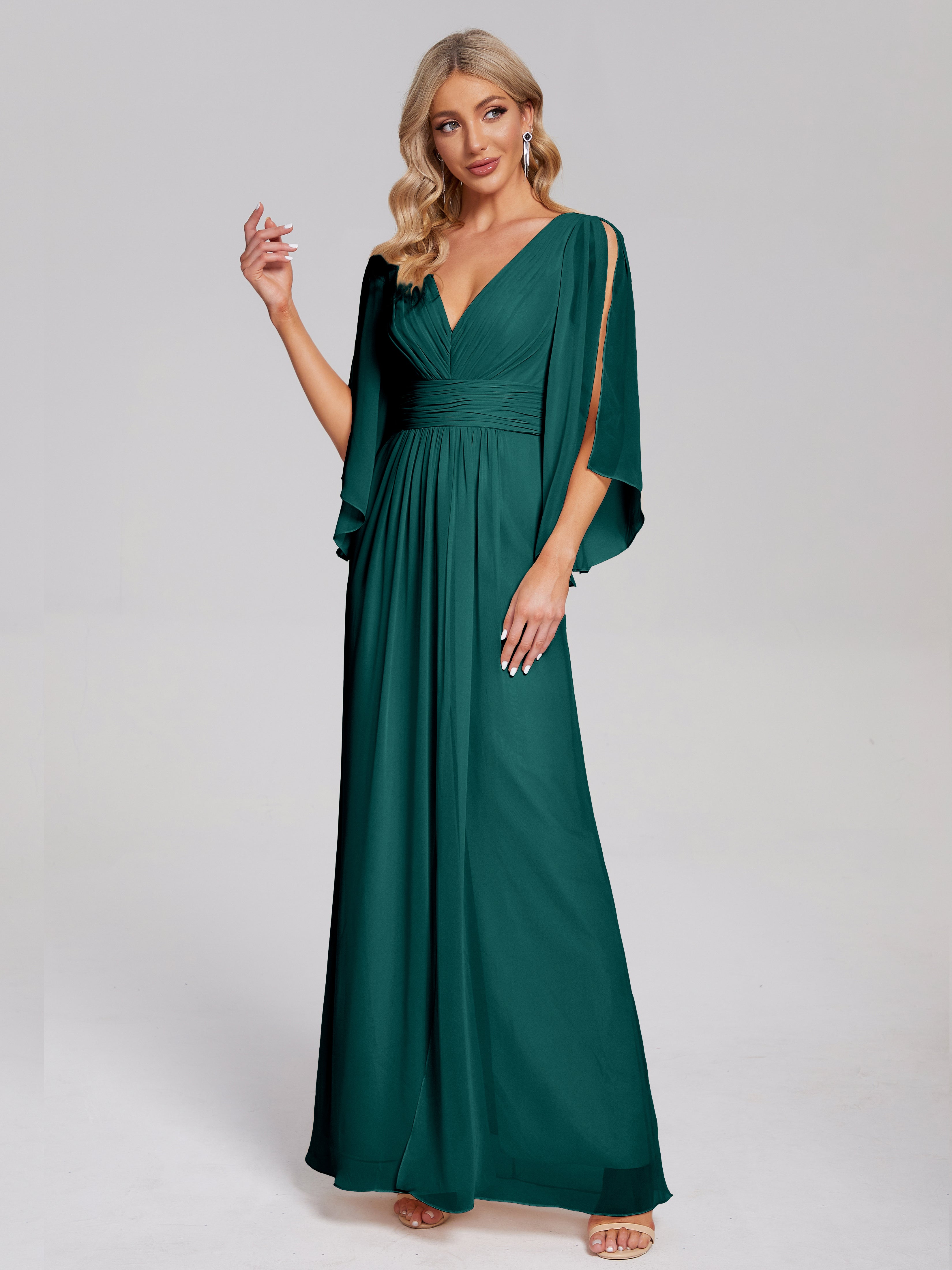 Robes De Demoiselle D'Honneur Bleu Paon Demi Manches Col V Fendue Mousseline Robes Demoiselle D'Honneur