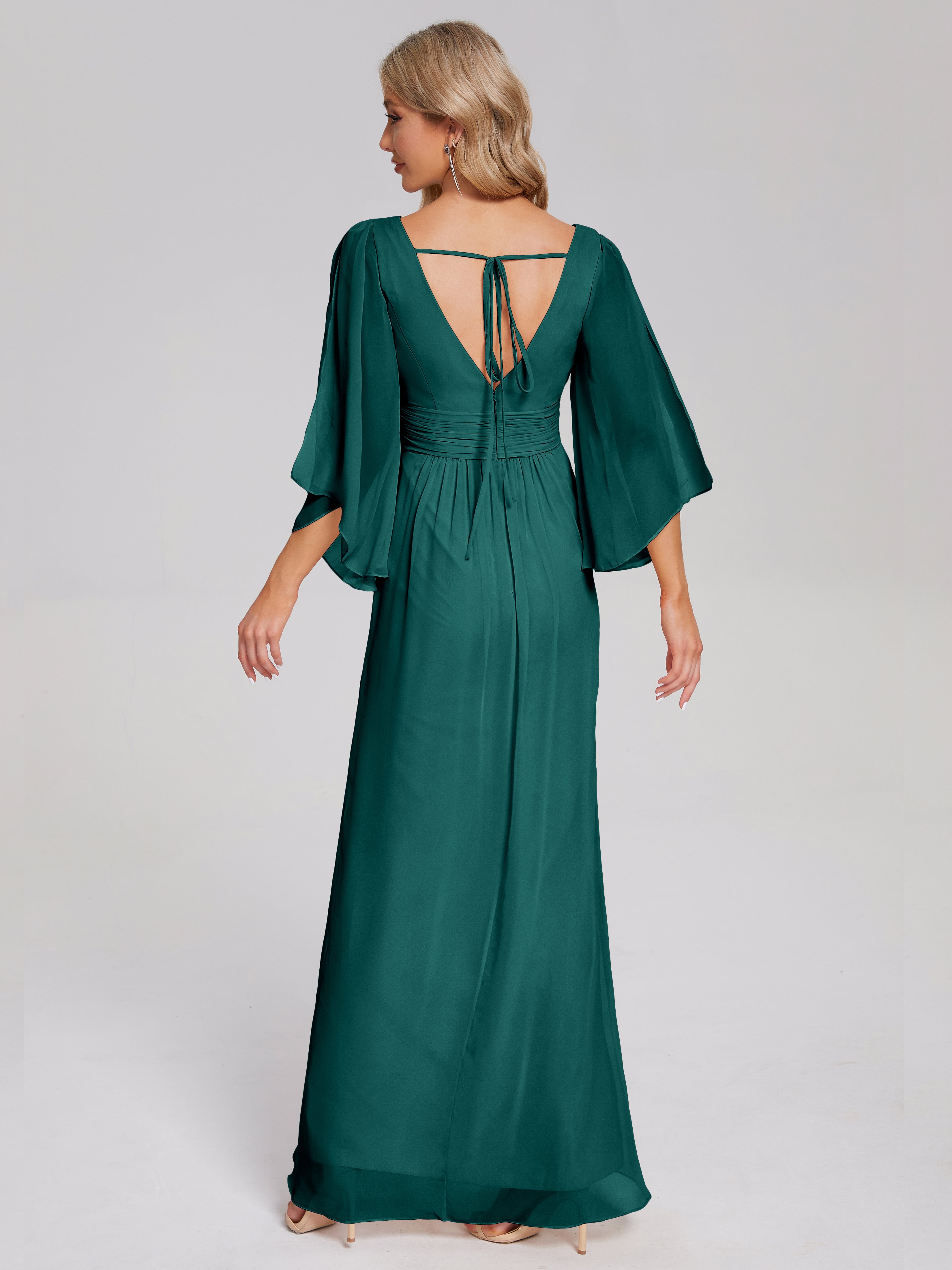 Robes De Demoiselle D'Honneur Bleu Paon Demi Manches Col V Fendue Mousseline Robes Demoiselle D'Honneur