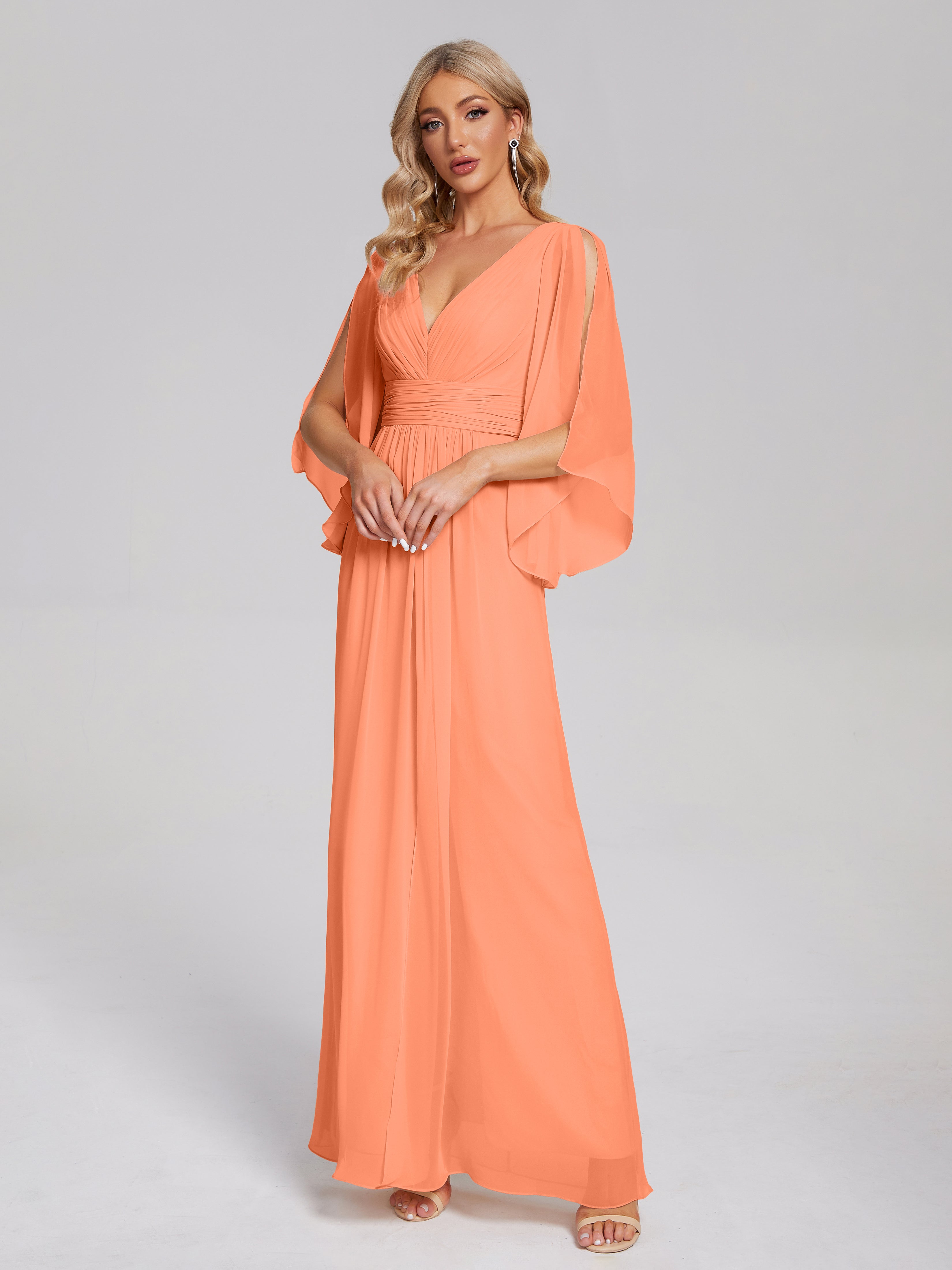 Robes De Demoiselle D'Honneur Papaye Demi Manches Col V Fendue Mousseline Robes Demoiselle D'Honneur