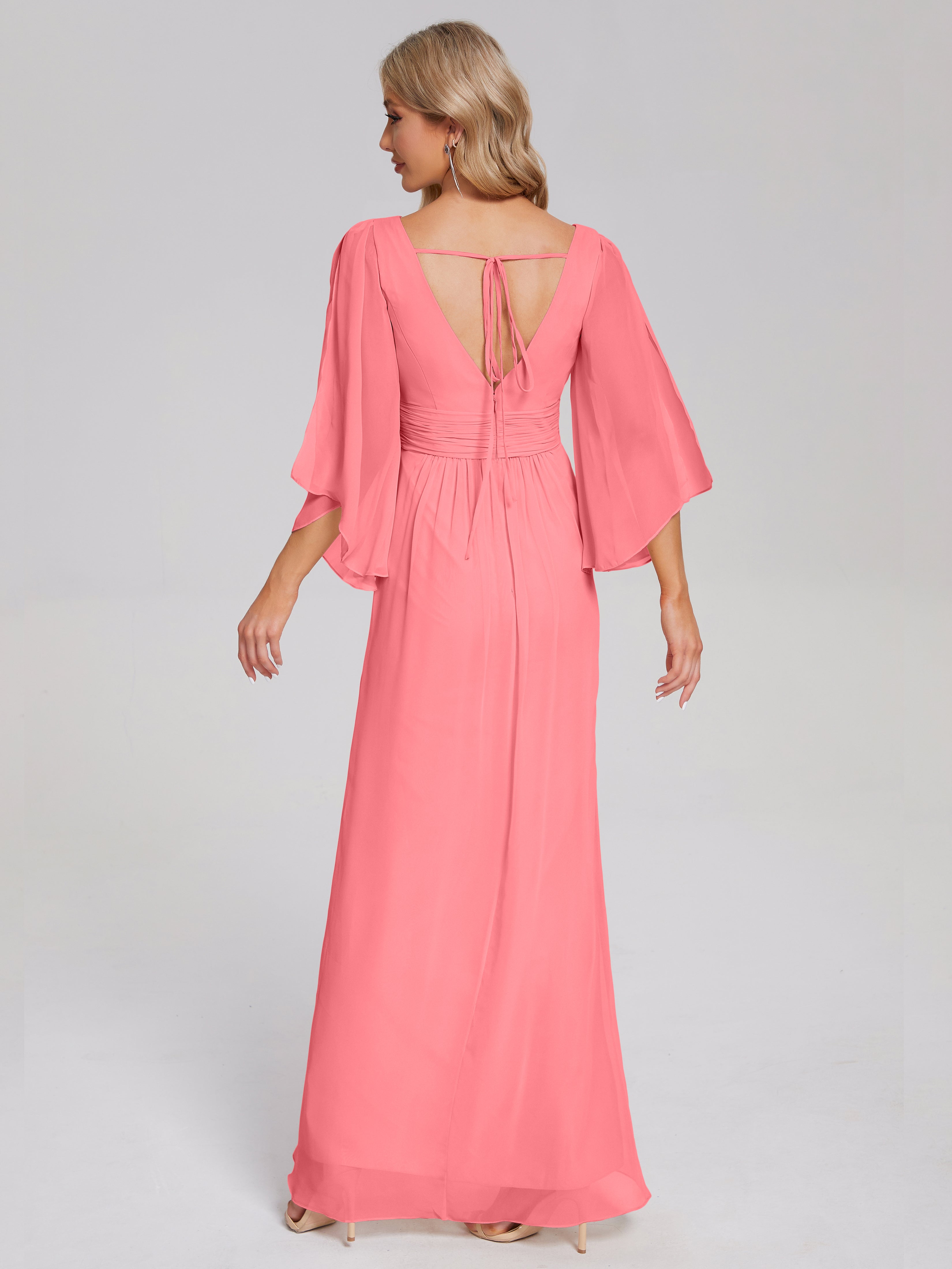 Robes De Demoiselle D'Honneur Pastèque Demi Manches Col V Fendue Mousseline Robes Demoiselle D'Honneur