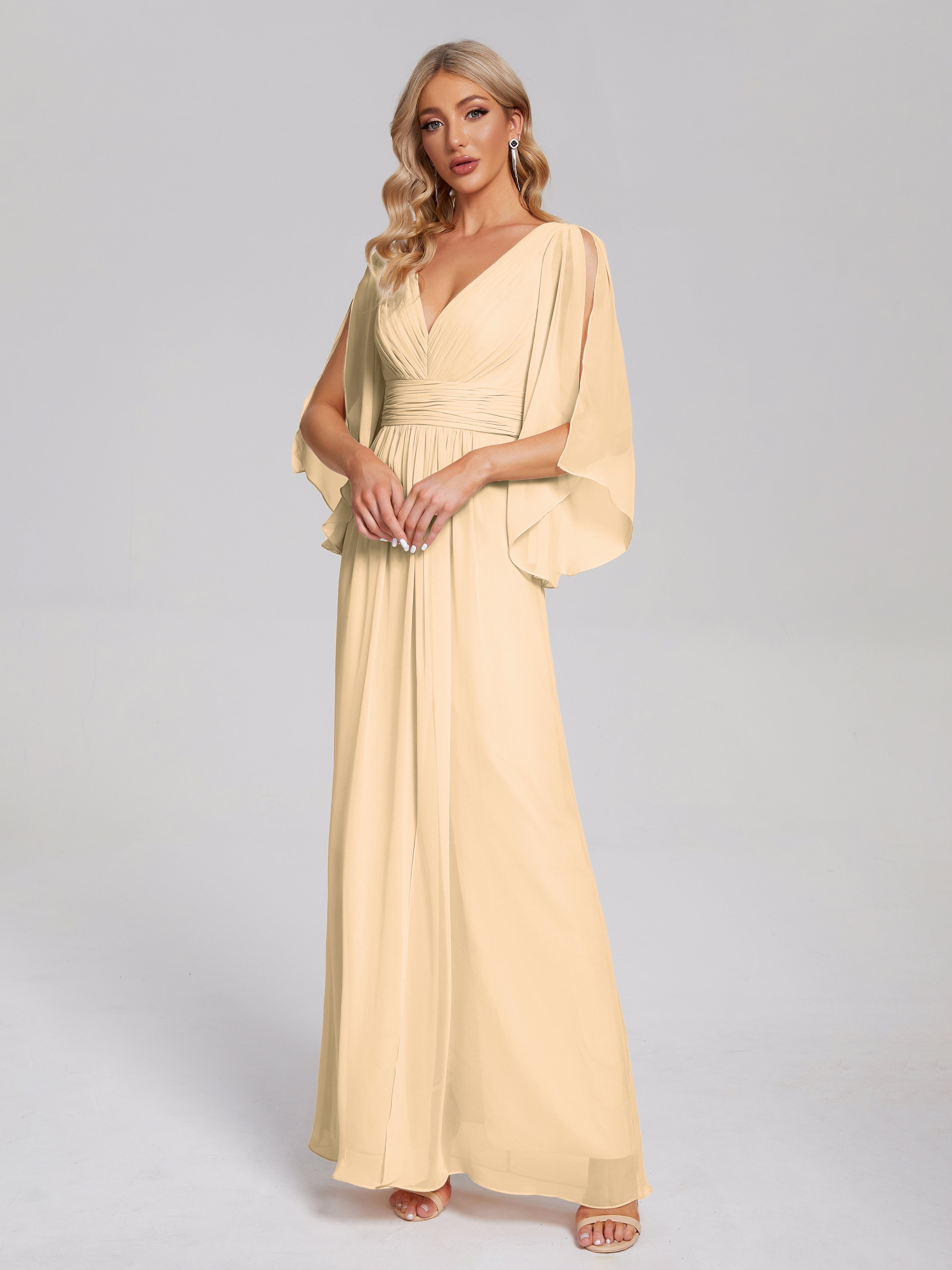 Robes De Demoiselle D'Honneur Rose Pêche Demi Manches Col V Fendue Mousseline Robes Demoiselle D'Honneur