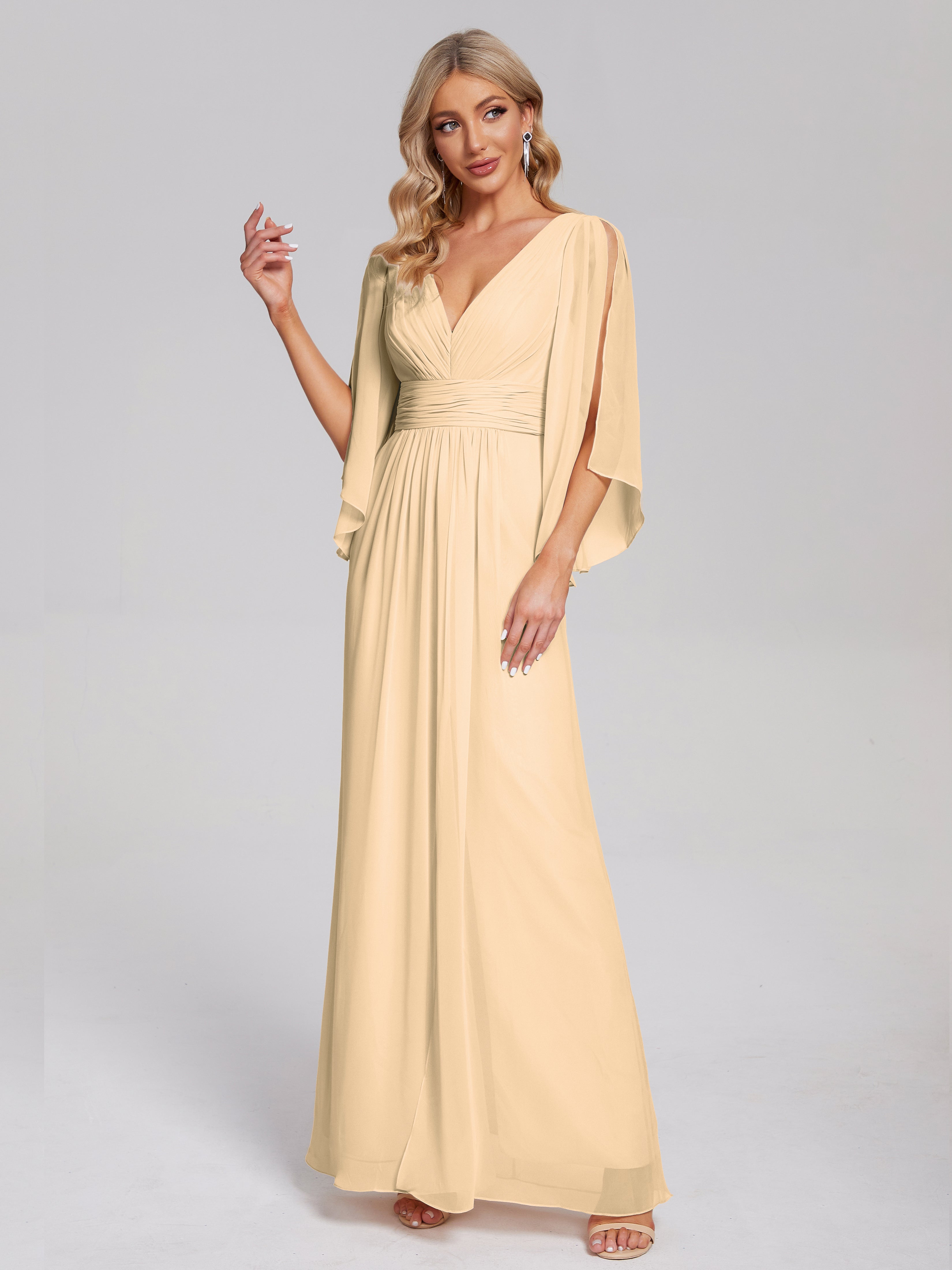 Robes De Demoiselle D'Honneur Rose Pêche Demi Manches Col V Fendue Mousseline Robes Demoiselle D'Honneur