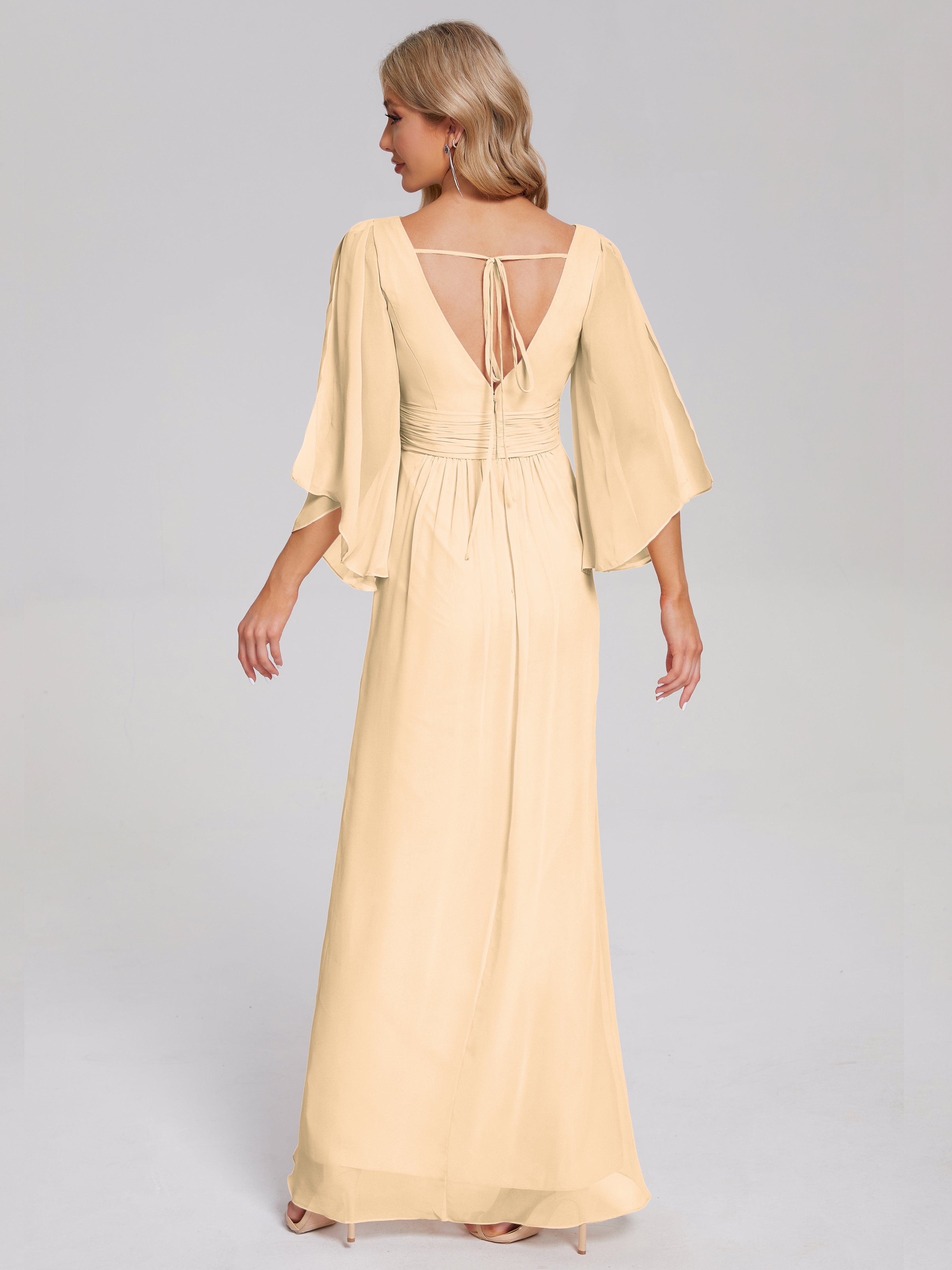 Robes De Demoiselle D'Honneur Rose Pêche Demi Manches Col V Fendue Mousseline Robes Demoiselle D'Honneur
